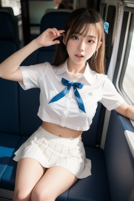 (master piece:1.2), (8K high image quality), (top-quality), (RAW image quality),(Realistic), (Photorealistic:1.37),,,long eyelasher,so sexy,(Live-action realistic style),The Ultimate Face,Photorealistic light and shadow,Best portraits, girl with1People only, cute face,Beautiful detailed eyes, beautiful detailed nose, highlydetailed skin ,((Full-body image)), (Realism: 1.4), Ultra-high resolution,delicate and beautiful face,18year old,(Beautiful Face 1.4),A slender, (I'm wearing a short skirt:1.2),Big,Brightly lit beautiful face,Panties are visible,,((japanese high school sailor dress)),red lipsticks,Lame around the eyes,,Hair length is medium,,Japan schoolgirl in sailor suit,,(((Sleeping on a train seat))),(I'm wearing white panties),((The skirt is turned up and the panties are exposed)),,(It is a close-range shooting),Sleep deeply,Super oversleeping,Super Explosive Sleep,I fall asleep involuntarily,Very sloppy bedding
