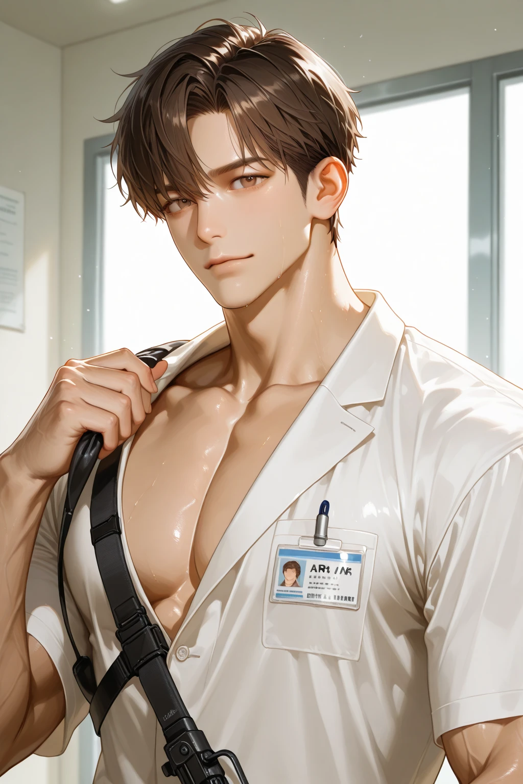 A dark haired man, wears glasses, clear skin, Slim and muscular, He is a doctor and he is wearing a doctor's coat and shows his beautiful naked torso. He is in a hospital room. The stage is bright. 4k complex details