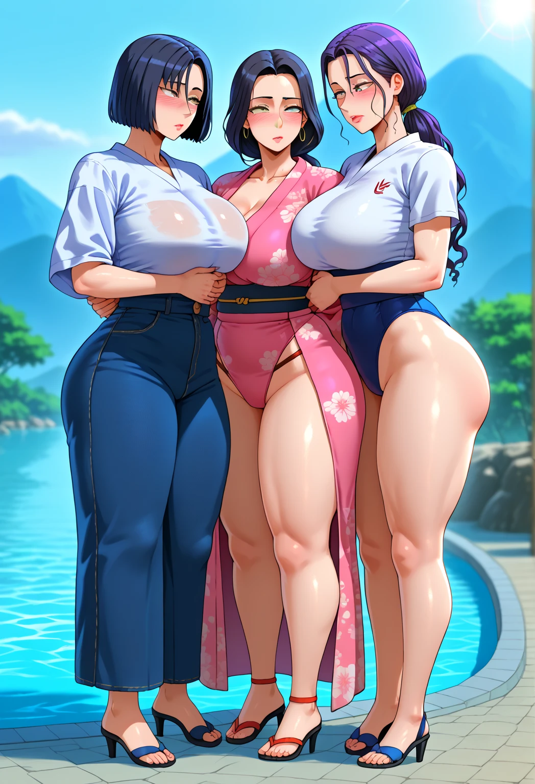 average body male wearing swimming trunks surprise hugs from behind thick body large breast female, female wearing extremely transparent long floral dress in onsen brightly lit, female surprised by the hug and laughing, male hold female's hips close to male's hip, sunset, (show bare breast and nipples peeking out of dress), male and female sweating from heat, nsfw, (erotic pose)