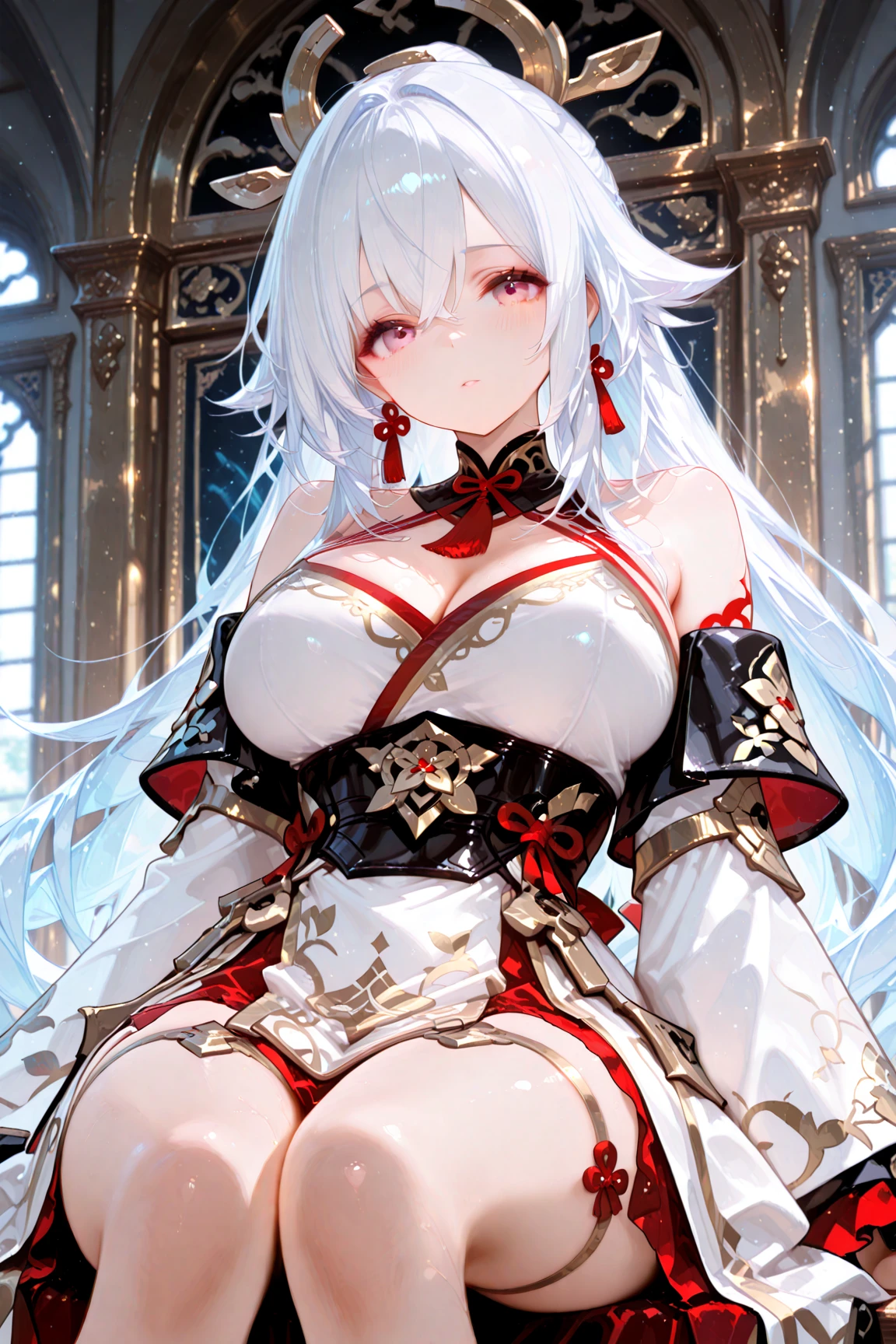 Long white hair,Red eyes,Sexy Sheer Colonial Dress, Perfect body, Clear chest, Well-defined collarbone, Surreal, lifelike, detailed, Perky transparent nipples, Wet clothes(whole body:1.1),cross,Holy,best quality,Large Breasts,Big Ass,No underwear。Gorgeous church background with extreme details