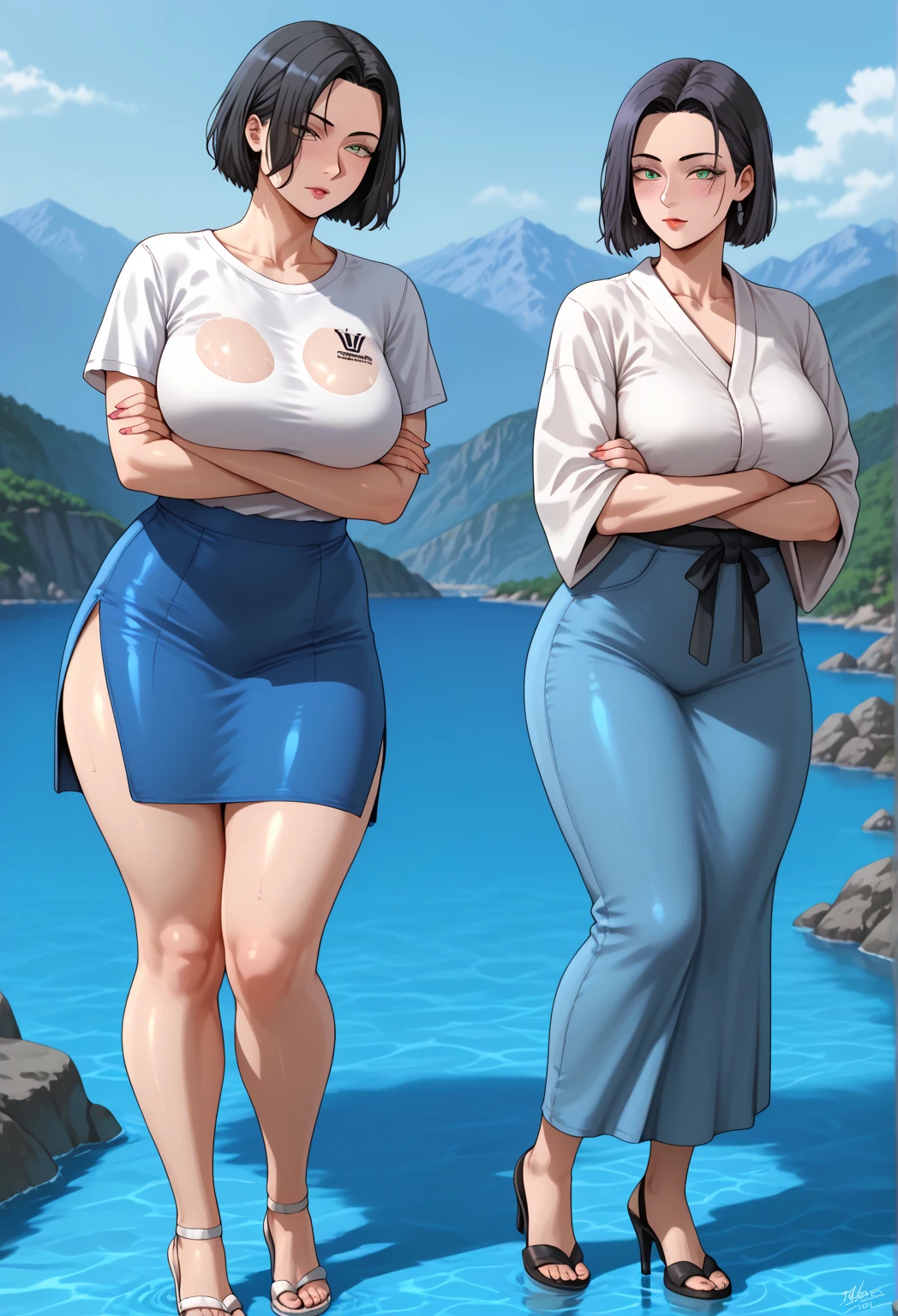 Hot sexy beautiful milf mom , hoops earrings,black hair,long slick back hair,blush,blue eyes, necklace ,one hair bun, lipstick, a light purple turtleneck, dark, flowing transparent lobg skirt,black sunglasses on head, protruding ass, waist shot, ass to camera