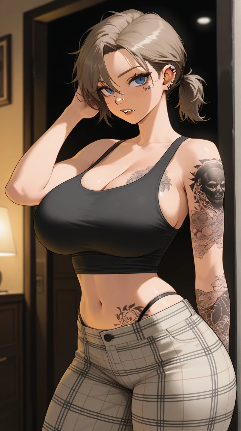 ((Best quality)), ((masterpiece)), (detailed: 1.4), beautiful woman, Asian, short black sleeveless t-shirt, black lag pants, black short hair with red locks, ink, (solo), realistic,((masterpiece)), (best quality), (detailed), (1 girl), large breasts, sexy, thicc