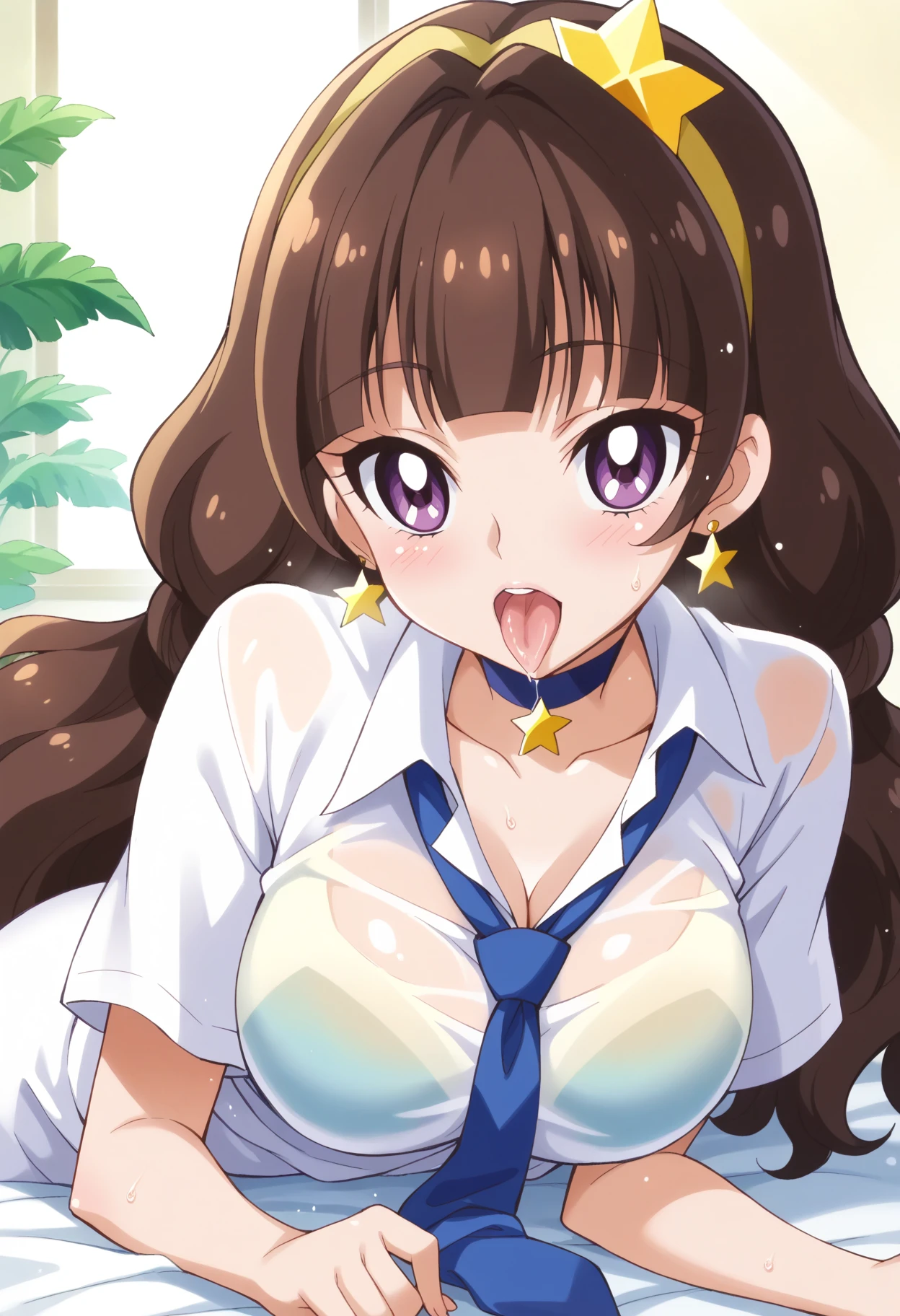 (((1girl))),(masutepiece), Best Quality, Expressive eyes, Perfect face,((penis)),((tongue licking)),((fellatio)),((point of view)),(((no expression))),NSFW,incoming kiss,Purple eyes,half closed eyes,((mind control)),((Empty eyes)),dead eyes,Cure Twinkle,Tongue licking,fellatio,(Eyes widen),rape face,Tongue out,Open mouth,steam,yellow shirt,