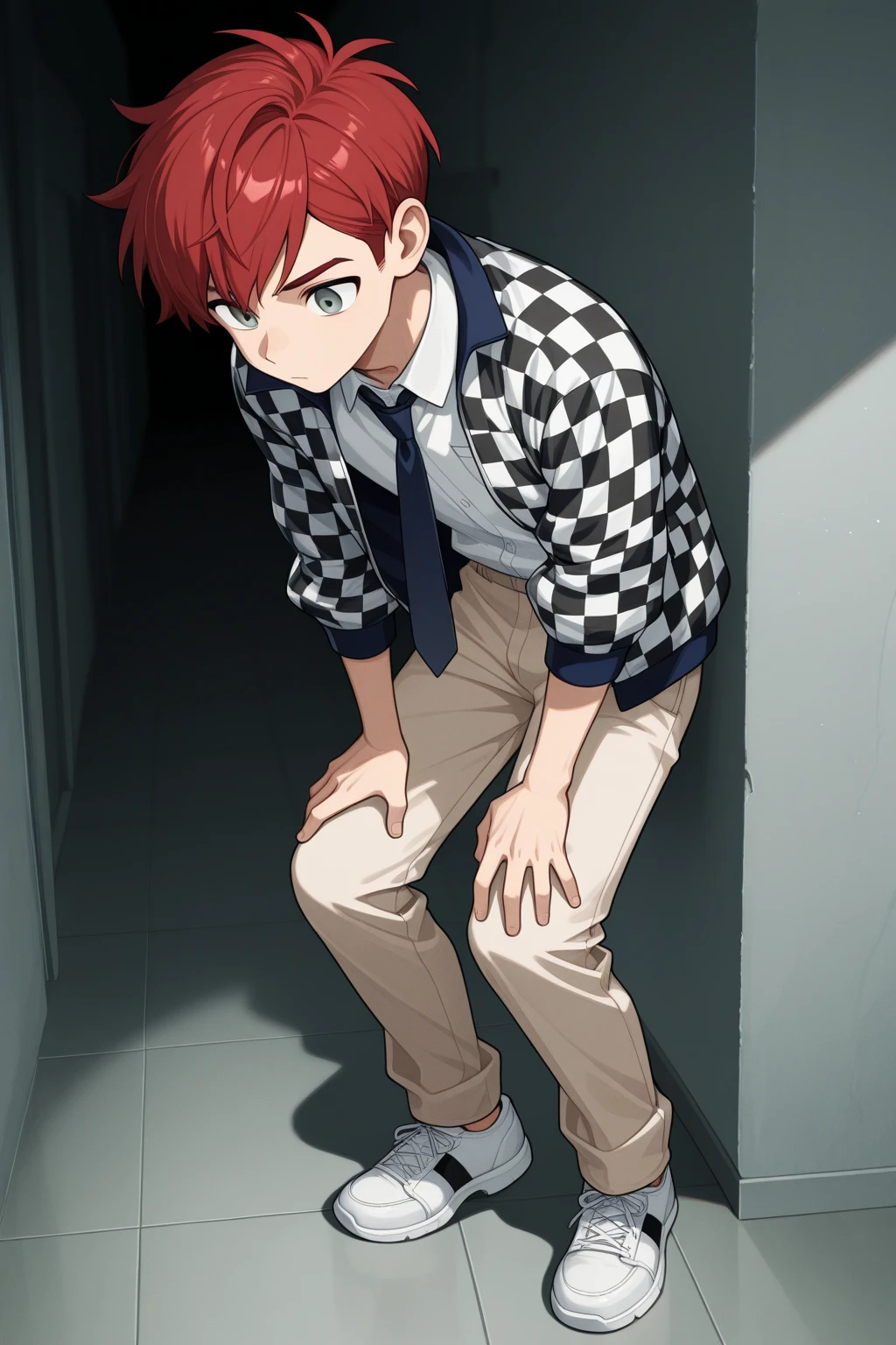 score_9, score_8_wonderful, score_7_wonderful, sauce_anime,helios,Akira Ohtori,Male Focus,1 male,No pants,Red tie,Outdoor,Long sleeve white shirt,On all fours,Place your hands on the floor,penis,Leash color,View your audience,Squat,Redhead,Green Eyes,humiliation,Obedience,yield