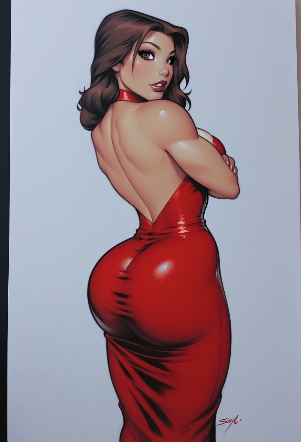 1girl,solo,medium breasts,<lora:GoodHands-beta2:1>,(full body:1.3), naked, nude, (pantyhose:1.2), laced leotard, (masterpiece, best quality, hires, high resolution:1.2), (extremely detailed, realistic, intricate details, highres), 3d, cg, bbw, shiny skin, blush, eyeliner, eyeshadow, eyelashes, (gigantic breasts, saggy breasts:1.1), (cinematic lighting, sunlight, volumetric), looking at viewer, simple red background, vintage fantasy, 1960s \(style\), film grain, astraa_bv, <lora:Astraa_Boris_Vallejo:1.4>