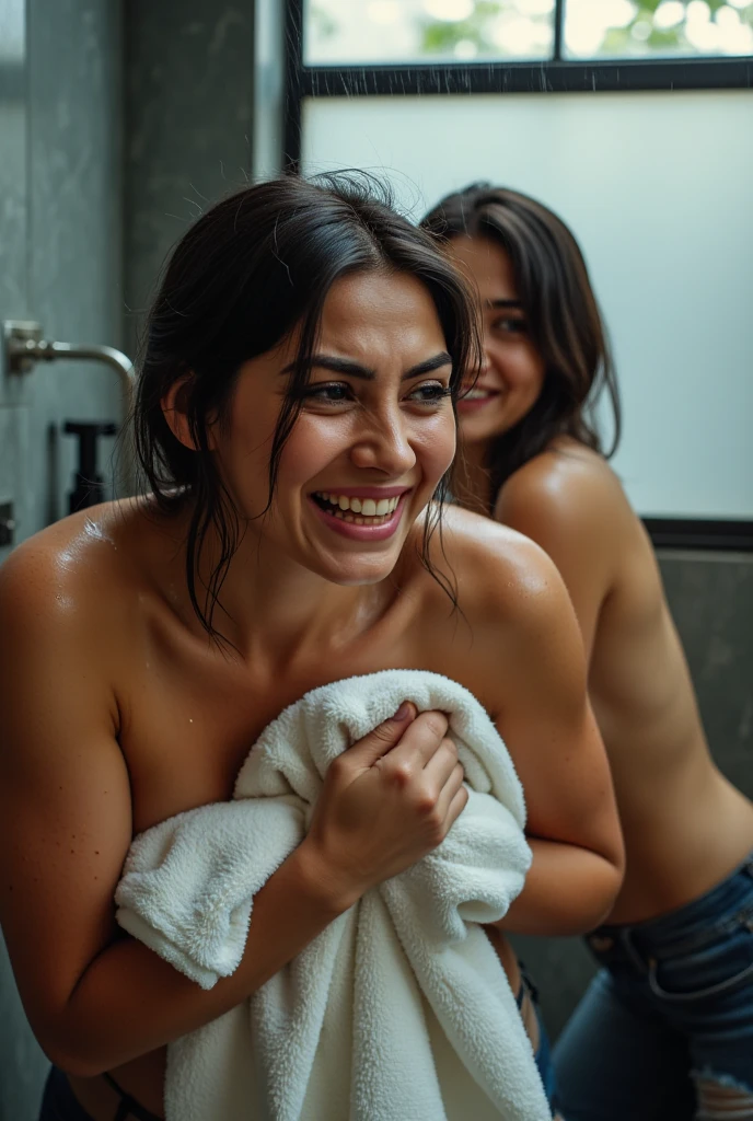 two forty-year-old women take a shower completely naked