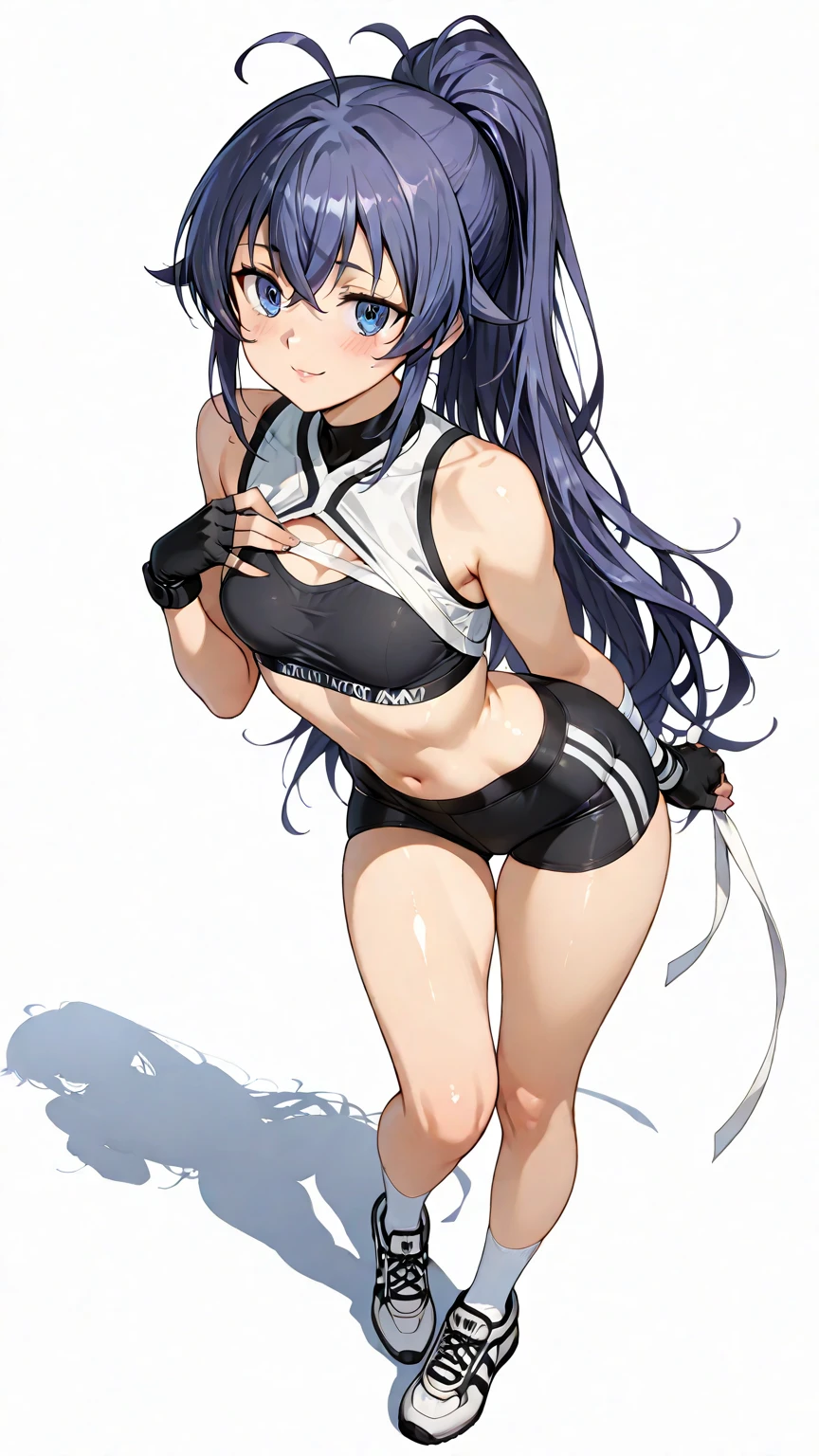 (masterpiece, best quality, high quality, highres, ultra-detailed), solo, 1girl, hayase yuuka, ponytail, open jacket, halo, light smile, closed mouth, ((standing_split)), simple background, (gym uniform)