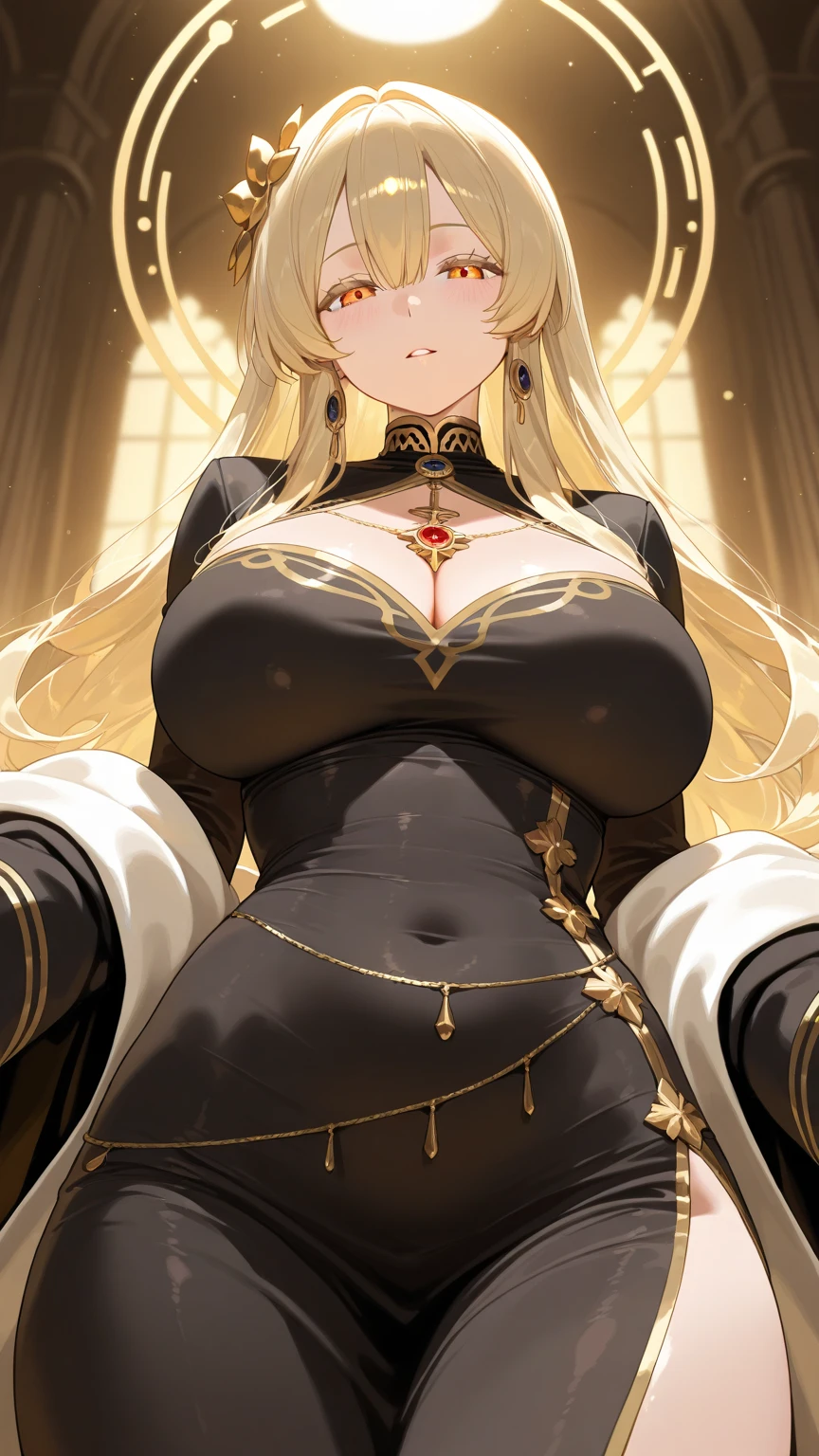 A woman with big ，A devout believer，Long blond hair，Exquisite，Cleavage，Slim waist，pubic，blush，cathedral