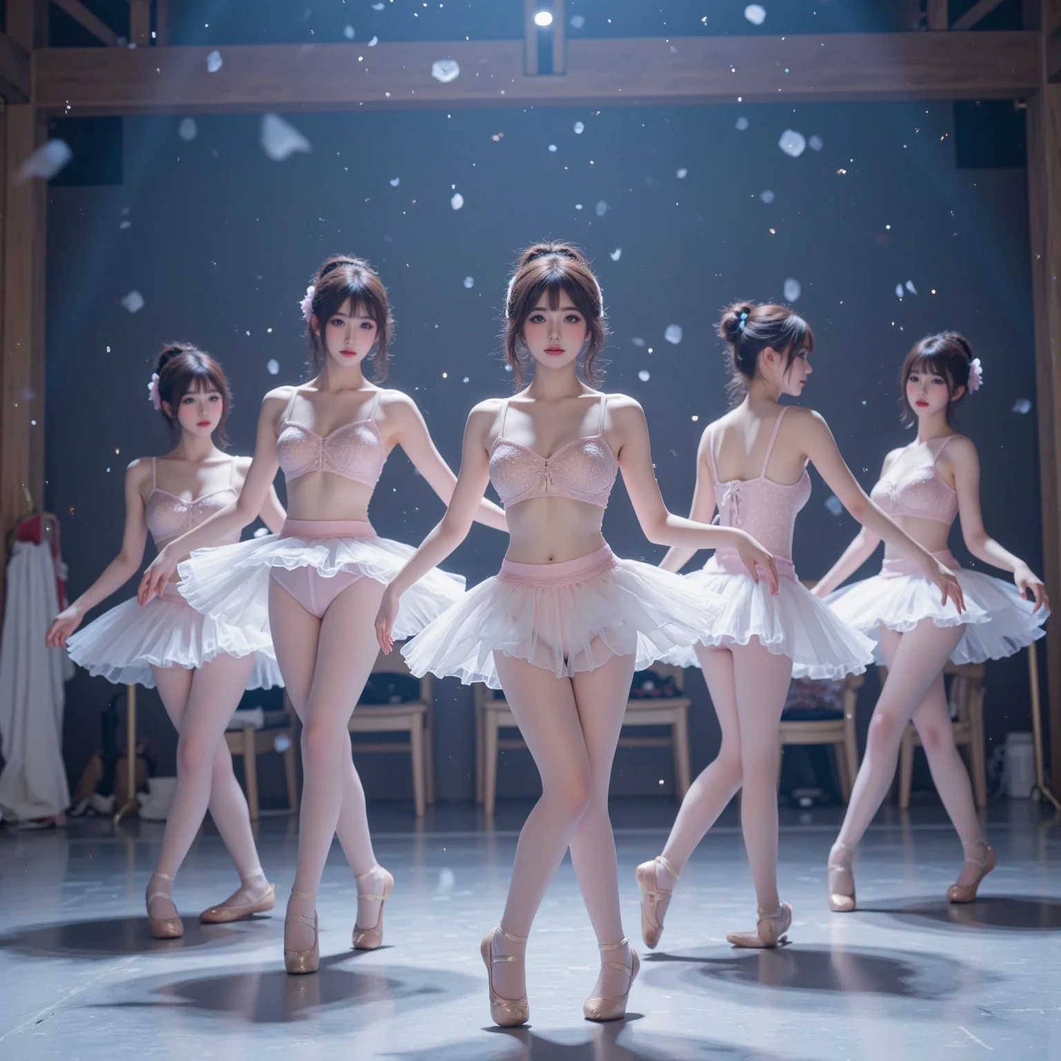 Cute Japan、Three sexy beauties perform synchronized dancing、Surreal and dreamlike environments。The scene captures their choreography with bird's-eye views and wide shots.、The lighting is blue and purple、It enhances the dreamlike atmosphere of this scene.。