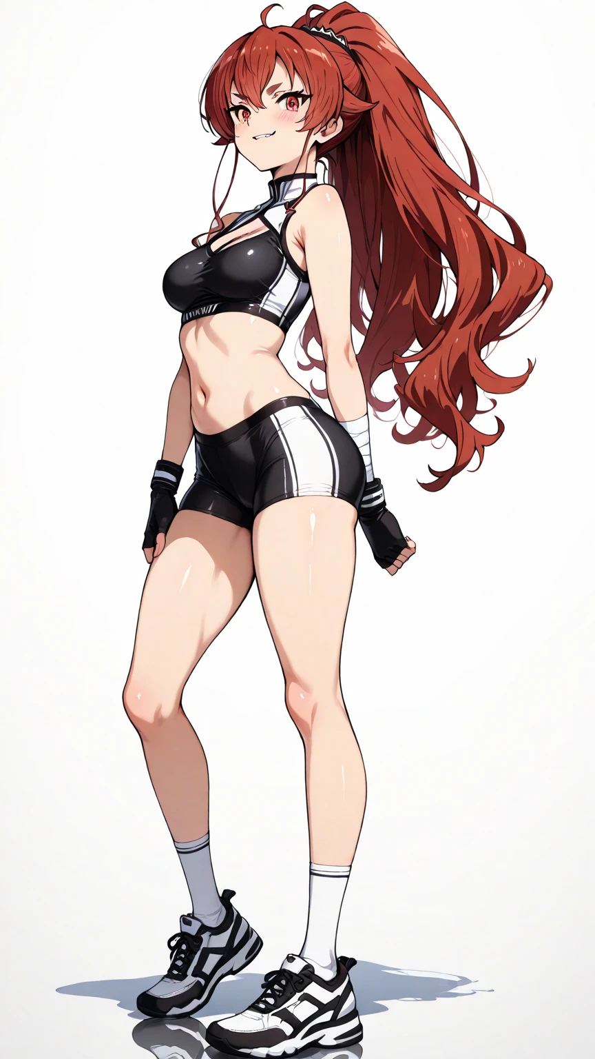 woman in her 20s, (perfect face), defined jawline, beautiful blue eyes, beautiful lips, (long red flowing wavy hair), (perfect anatomy), (athletic body), Female original character reference sheet adoptable, Full body,