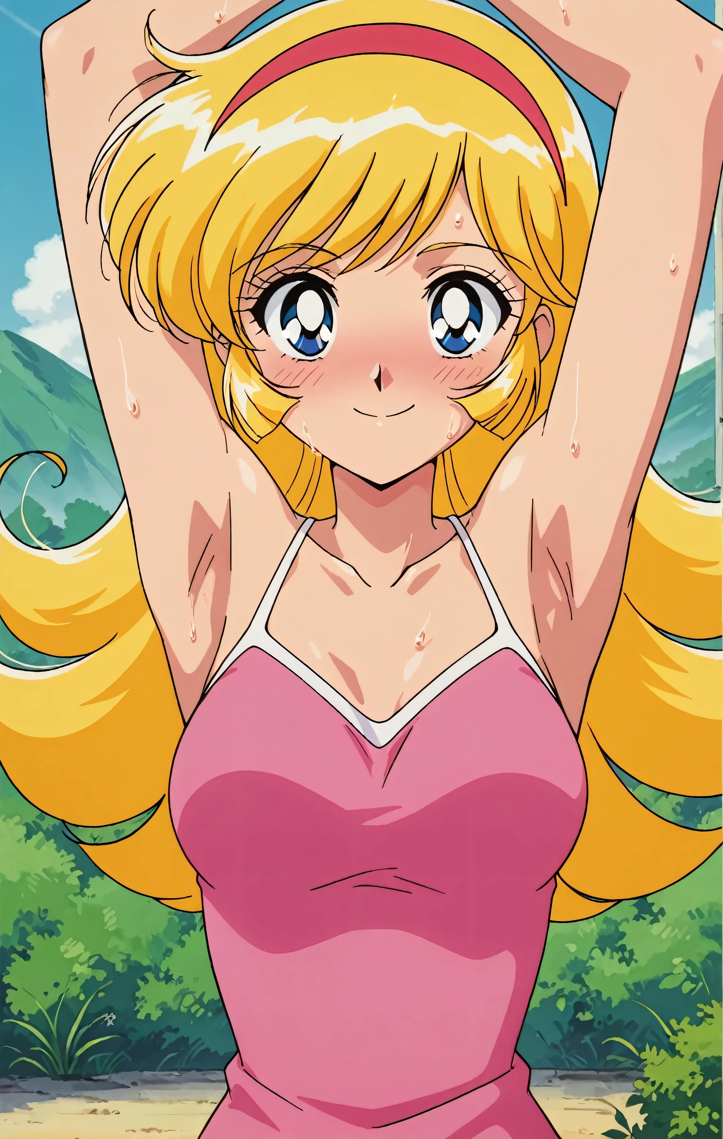 masterpiece, best quality, amazing quality, anime screencap, anime coloring, retro artstyle, 1990s (style), retro, retro artstyle, 1girl, solo, KisaragiHoney, blonde hair, long hair, blue eyes, medium breasts, hairband, pink tank top, spaghetti straps, skindentation, (sweaty:0.6), sleeveless, bare shoulders, bare arms, arms up, raised arms, armpits, armpits focus, head towards viewer, looking at viewer, direct eye contact, smile, blush, closed mouth, outdoors, day