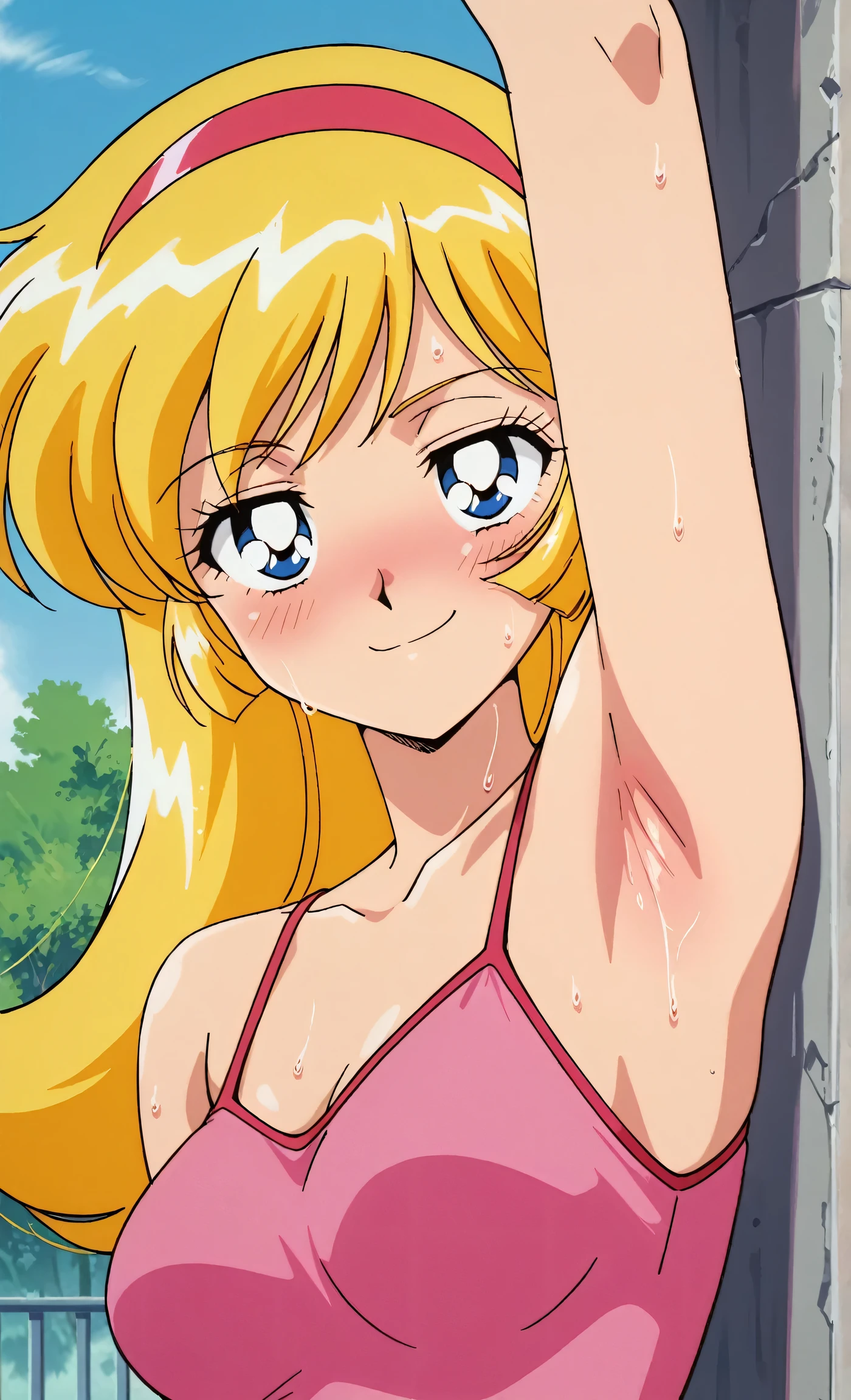 (anime cels style, Masterpiece, best quality, high resolution, anime colored, megami magazine:1.2, anime poster style, anime keyvisual, sharp, 8k, photorealistic), (beautiful eyes:1.5), reiko_aiwaifu, 1woman, milf, blond hair, long hair, (sagging huge breast), micro bikini, cleavage, (upper body:1.5), standing, (perfect detailed anatomy, perfect arms, perfect fingers, beautiful face, perfect body, shiny skin), simple background,