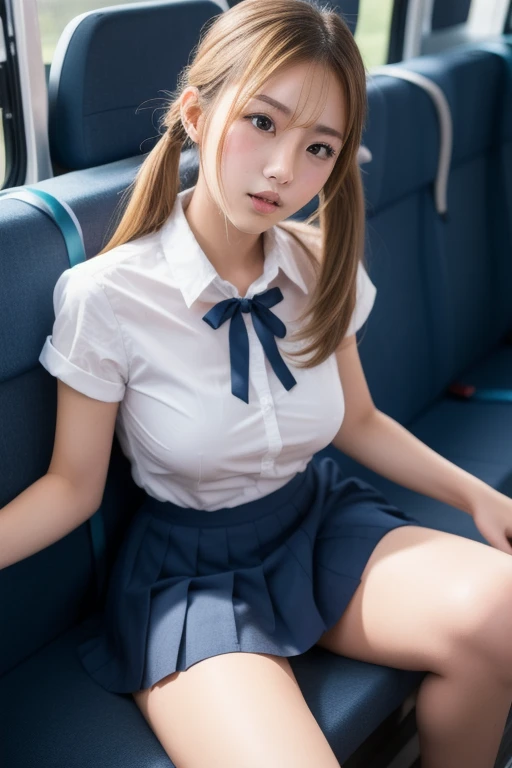 1 girls, sailor uniform, serafuku, blue neckerchief, school uniform, white dress shirts, short sleeve, slender, thin waist, full body, realistic, 50mm portrait, high resolution, 8k, RAW photos, high-detail RAW color photo, dynamic light, ultra detailed, detailed face, facial features details, beautiful details Eyes, very detailed eyes, very detailed skin, real skin, firm skin, on the train