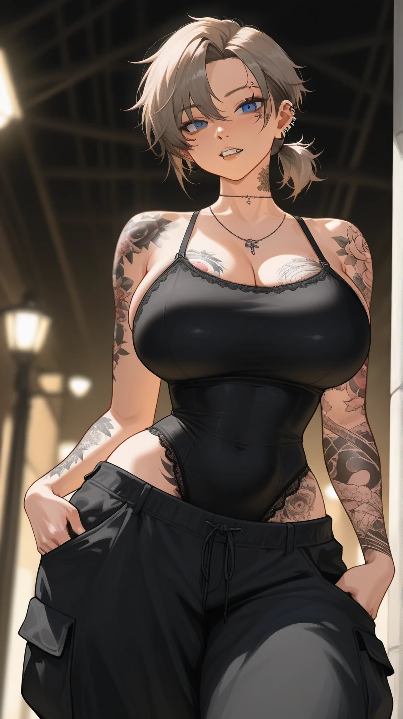 ((One woman)), night city, neon, perfect starry sky, UHD, high detail, high quality, super detail, ultra-fine illustration, 16k, odd eye,Ghibli, gray hair, micro bikini, plain bikini, ((bikini with less fabric)), big eyes, long eyelashes, very long eyelashes, ethnic tattoos, (tattoos that cover the entire body), ((lots of tattoos)), tattoos on the chest, tattoos on arms, tattoos on fingers, (tattoos all over the chest), beautiful features, neutral facial features, (short hair)