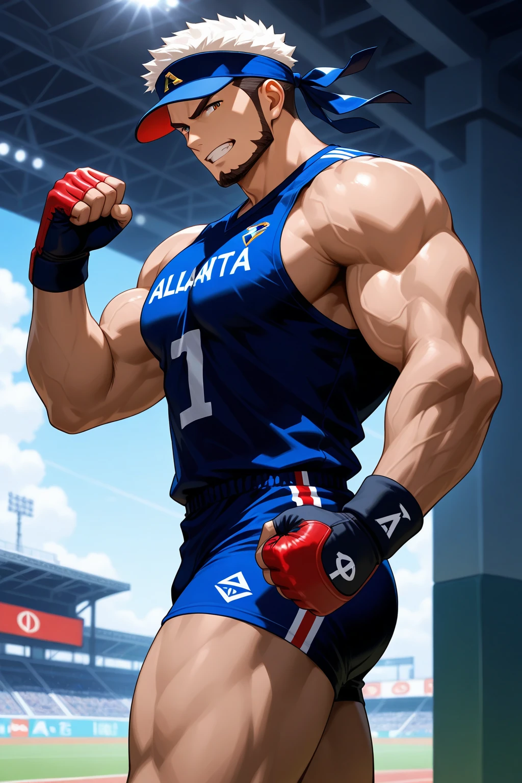 (masterpiece), (best quality), (high res), 1boy, solo, solo focus, male focus, bald head, green eyes, full body, British, muscular, pectorals, union jack wrestling outfit, thigh pants, white boots, matching boots, white gloves, matching gloves, union jack \(tattoo\) on chest. dynamic flexing pose, flexing his muscles, smug look, big smile, clenched teeth, semi-cartoon style, Toronto city backdrop, daytime, Cowboy Shot, clenched fists.