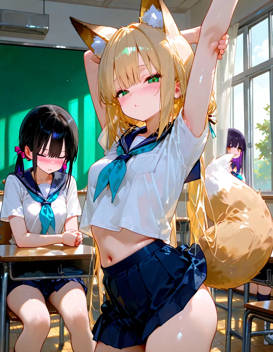 ((2 girls)), 10 years old, stand, long hair, golden hair, purple eyes, ((purple underwear)), (((Worn school uniforms))), ((naughty face)), (medium breasts), (cleavage), (((showing underwear))), (((((skirt lift by myself))))), (from front), from below, ((looking at viewer)), ((((squat)))), (((spread your legs wide))), ((32K)), ((best quality)), ((ultra high res)), ((HDR)), ((uhd)), ((extremely detailed CG)), ((unity 32K wallpaper)), ((perfect anatomy)),
