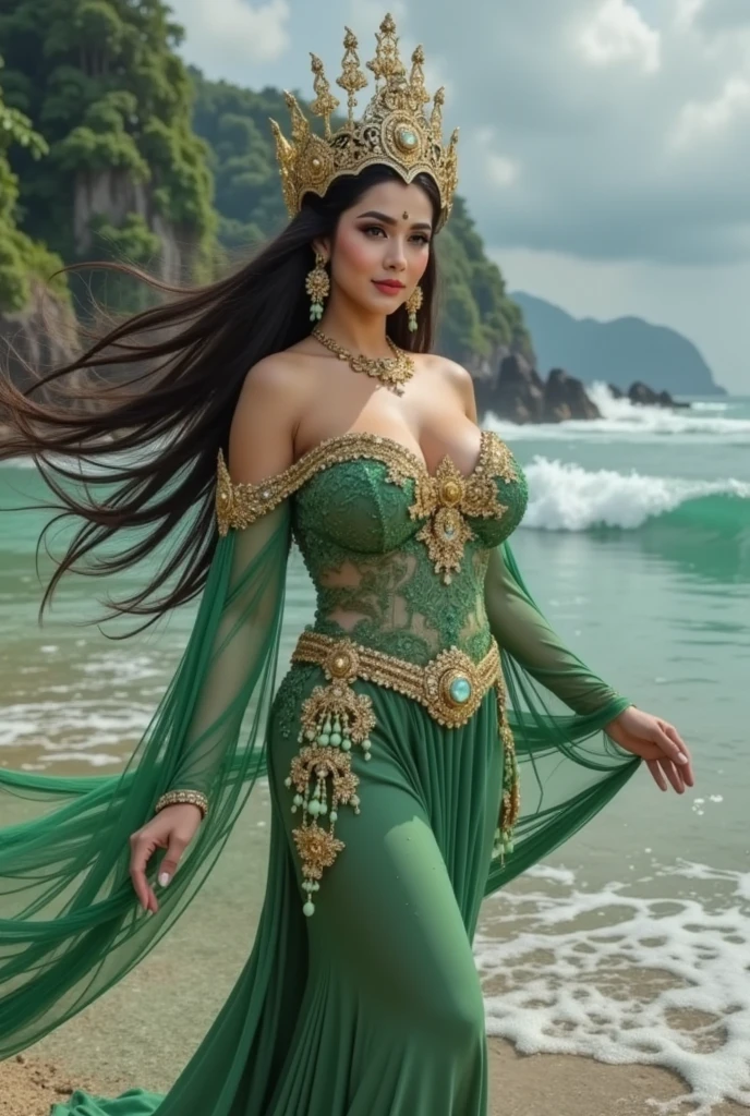 Beautiful woman with long black hair, well curly, displaying sensuality, dancing belly dance, with Indian robes in golden green and red colors, with jewels and crown in gold, perfect body, in a very beautiful place of lush landscape
