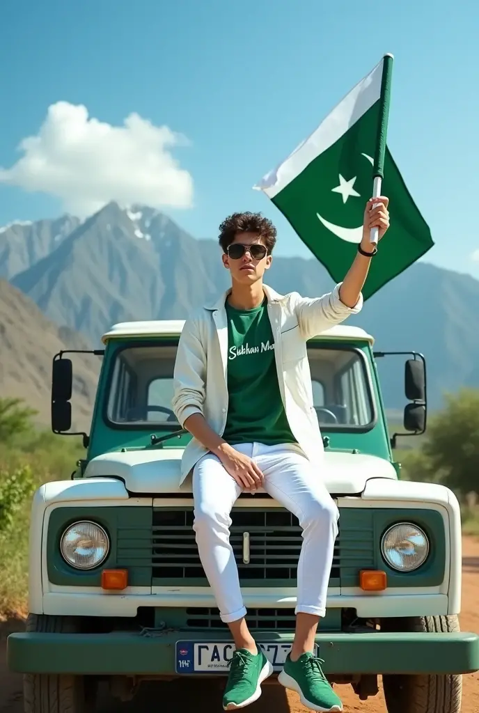 Create an Real image featuring a young man
sitting on the hood of a white and green helicopter,with Pakistan’s scenic background. He’s holding a flag celebrating Pakistan’s 14th August. The boy wears a green T-shirt with ‘Ayan Khan’ printed on it, white jacket, white pants, green shoes and sunglasses