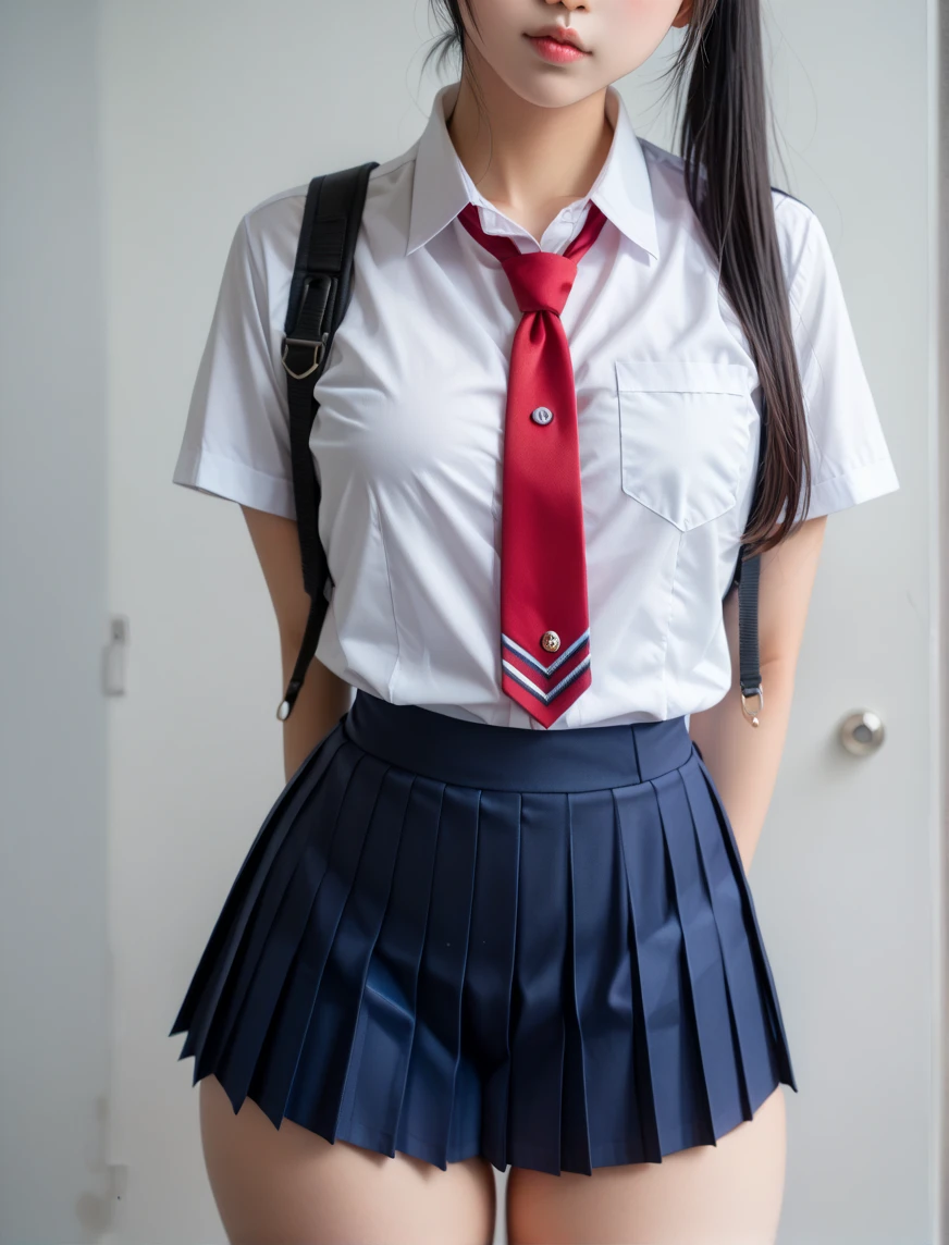 neat college girl、petite person、Outside the field、(Slimed、small tit、flat boobs、small tit)、Photorealsitic、detaileds, Skin Texture, ultra-detailliert、Delicate and sexy collarbone、A smile、Super Detailed Face、Detailed lips、A detailed eye、二重まぶた、White panties are visible from the skirt、sexy  pose、((is standing、Schoolgirl Uniform、White panties are visible from the skirt、Sheer white shirt、Navy blue ribbon at the collar、Dark blue pleated micro mini、slightly lift the hem of the skirt with both hands,,,,,,))