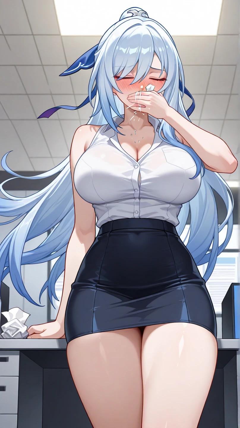 My name is Yukiko.I am a white test woman with long light blue hair,red eye color.I am 1.62 cm tall . My breasts measure 200 cm, my waist 40 cm and my hips 200 cm. Dressed in a low-cut white shirt and a tight black skirt . With big breasts 200 cm