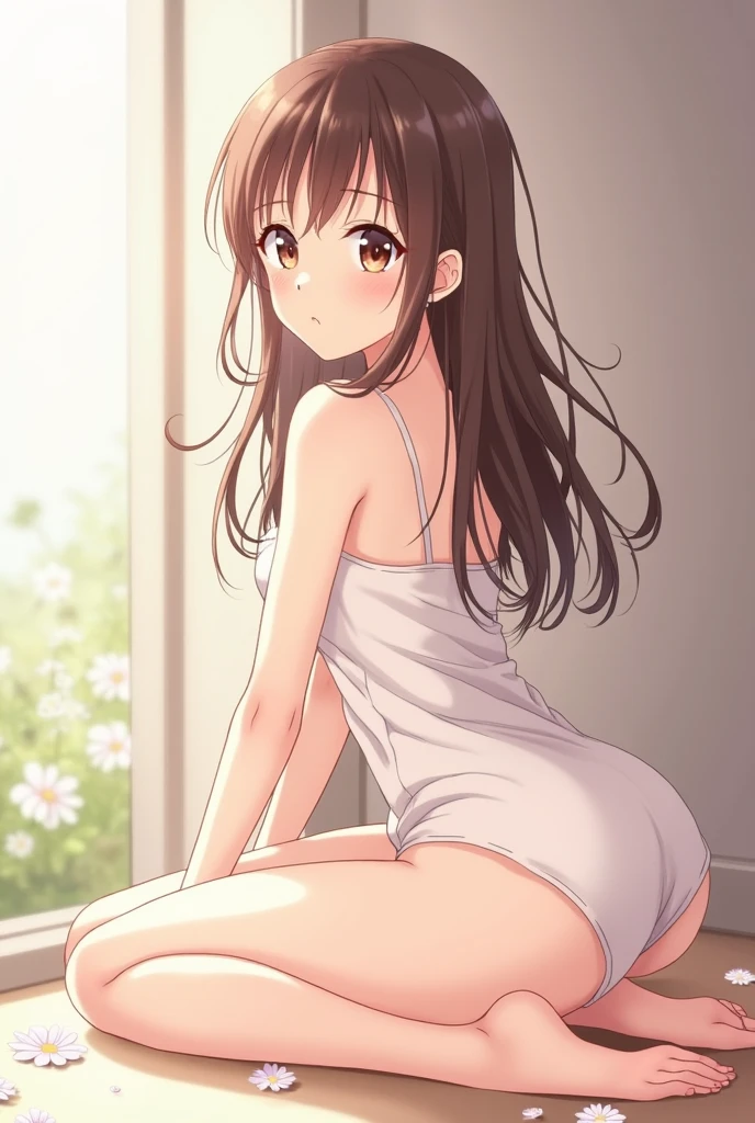 she has past shoulder length brown hair with bangs tied up in a ponytail, brown eyes, very fair skin, she is beaultiful, anime, bunny suit, small breasts and ass