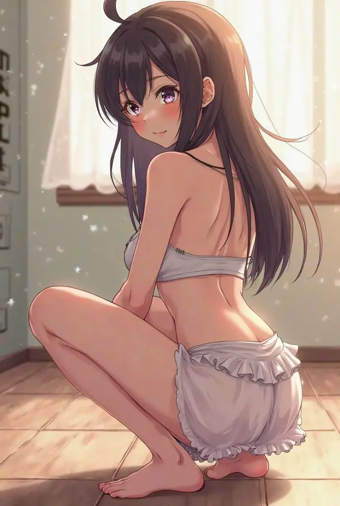(masterpiece,Highest quality:1.3,best quality illustration),cowboy shot,1woman,25 year old Japanese beauty、black hair,long hair,bangs,black eyes,gorgeous eyes,((very small head:1.2)),shy,(very long body),medium breasts,(tan skin, gleaming skin,toned body,slender body, skinny),sweat,White kimono、Open chest、Black Hakama、Tatami floor、Japanese house、