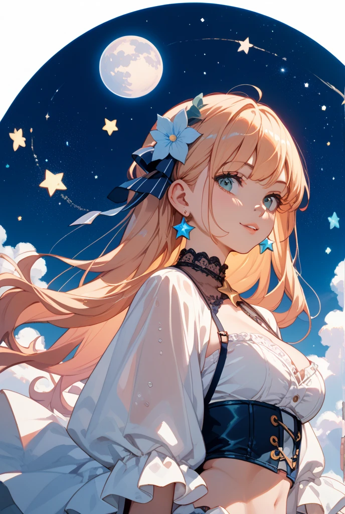 official art,1girl, solo, sky, a cute girl, long blonde hair, (one side up:1.2), blue eyes, (large breasts:1.14), curvy, outdoors, star (sky), white off-shoulder babydoll, shy, blush, starry sky, long puffy sleeves, cloud, bare shoulders, frills, night, grass, thick thighs, (open mouth:0.7), happy, hair white-ribbon, depth of field, scenery, distant building, distant city, frilled dress, blurry foreground, night sky, shooting star, standing, hair bow, sunset, sleeves past wrists, collarbone, cloudy sky