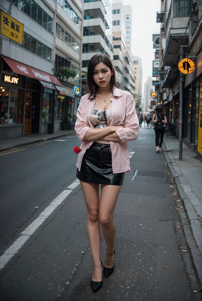 (8k, RAW photo, top quality, masterpiece: 1.2), (realistic, photorealistic: 1.37), cyberpunk woman, beautiful woman with pink medium callus, looking at camera, dirty clothes, pubic hair very much, gal, eyelashes so much, eyeshadow strong, sheer clothes, brown hair, sexy, crotch, slender, hairy