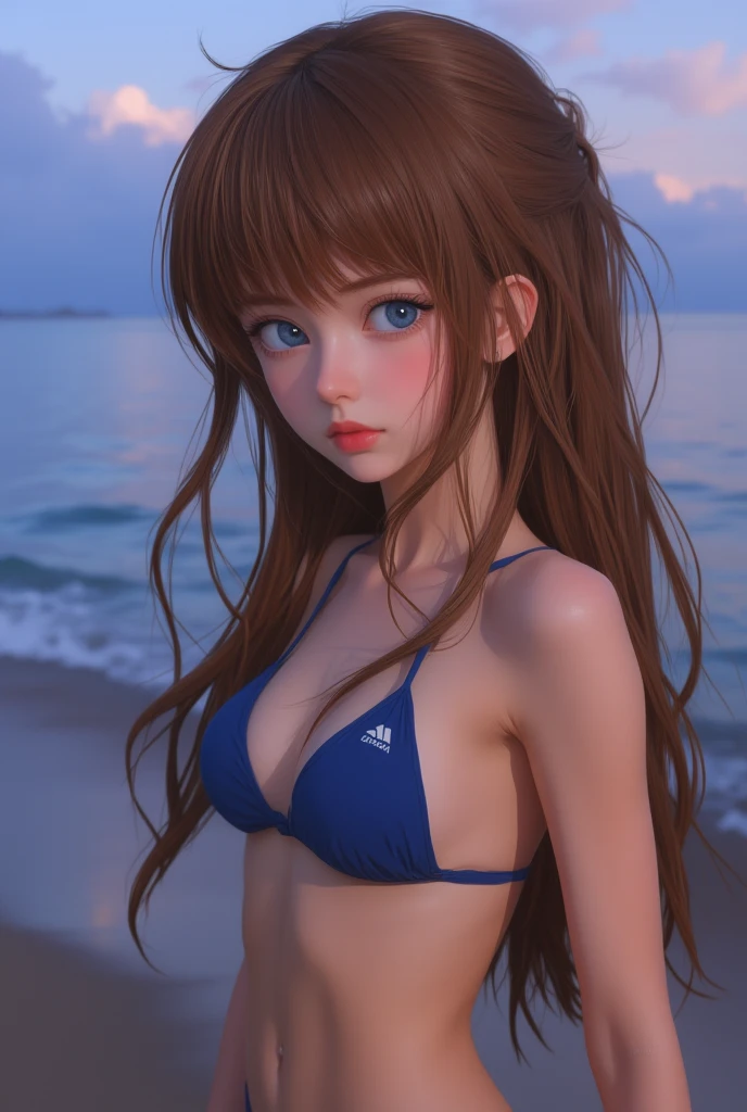 masterpiece, highest quality, 16k, unbelievably absurd, very detailed, perfect beauty, beautiful cute girl, in a beautiful pose, flowing hair, in sandy beach, beautiful delicate vibrant colors bikini with ribbon:1.2, perfect body style, through bangs,nijistyle,
