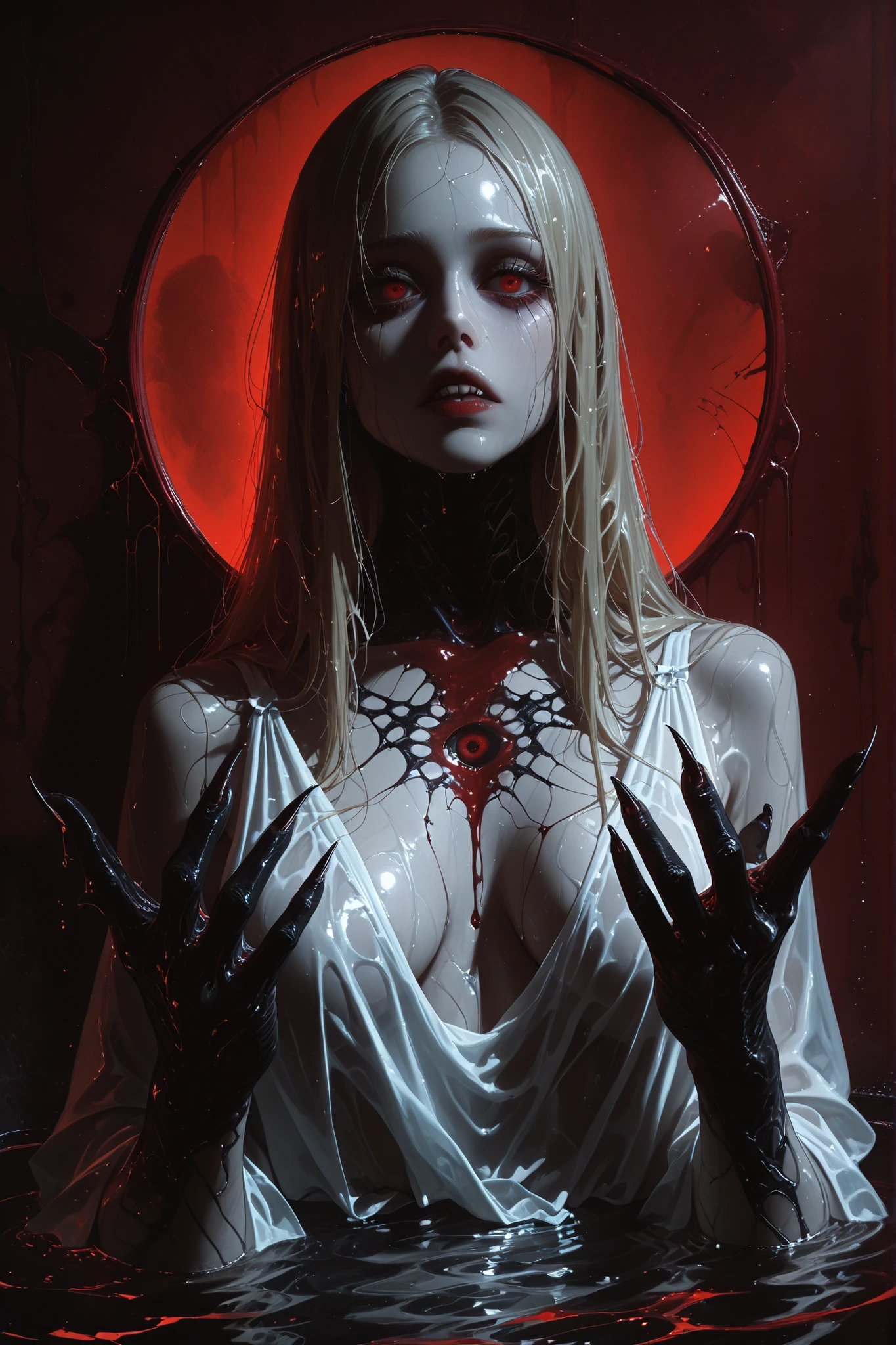 1girl, (solo), short curly hair, golden hair, small breasts, light blue eyes, small size, fair skin, perverted face, red cheeks, fangs, (naked), full body, (covered in blood:1.2), standing, (night), blood moon, medieval town, town behind (very sexy body, detailed face, masterpiece, highly detailed, 8k, best quality, vibrant colors, digital art, concept art)