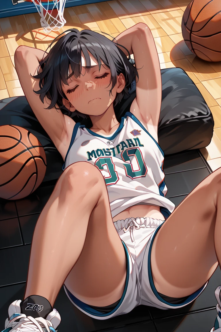 A girl with glasses, short black hair, a basketball outfit with a crop top and shorts, shy pose, showing her thighs, lying on a bed, big breasts, big butt, bare feet, sweating, no basketball, full pink heart-shaped eyes, crawling, sticking out tongue, arching ass.