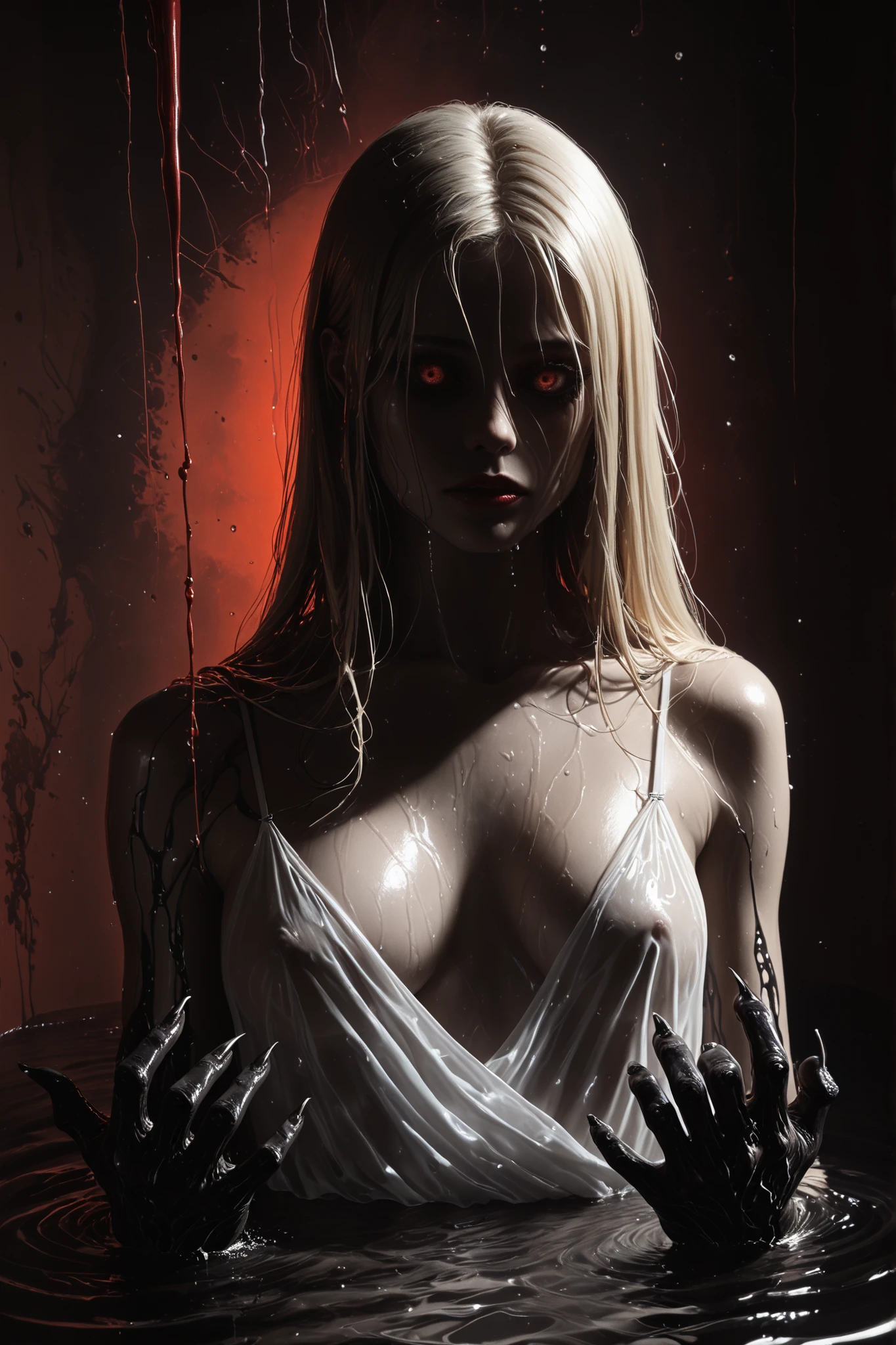 This hyperrealistic digital illustration features a pale, blonde woman with shoulder-length wet hair emerging from the dark, reflective water. Her intense, piercing, vacant, possessed eyes stare directly into the camera. Her arms are raised above the water, fingers extended in a dramatic, almost pleading gesture, while more demonic, clawed, black hands emerge from the water, surrounding her and grasping her body. She is wearing a soaking, translucent white dress that reveals her nakedness, partially submerged in water. The surface of the water reflects her hands and face, lending a surreal and ethereal feel to the image. The overexposed, blood-red background contrasts with the darkness of the water and enhances the woman's pale complexion and dramatic expression. The overall atmosphere is eerie and mysterious.
