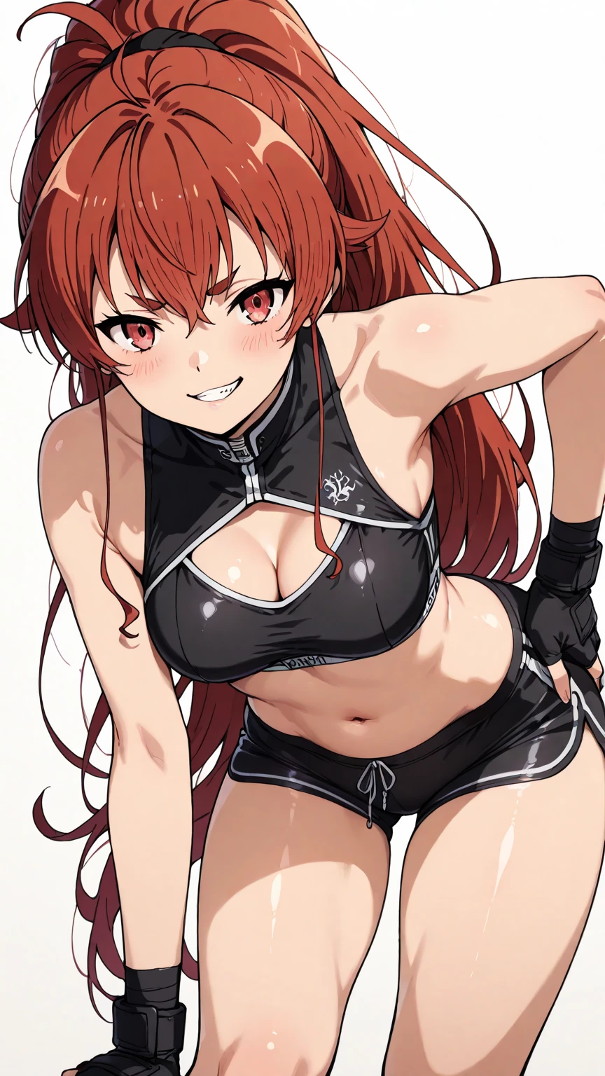 <lora:OutfitEugenFinalLap:1> outfit-eugen, cropped jacket, miniskirt, black thighhighs,, ultra detailed, masterpiece, best quality, aesthetic, detailed,, solo, frown,
1girl, red eyes, <lora:Tsurime3:1>, (tsurime:1.2), (brown hair:1.3), medium hair, (asymmetrical bangs, swept bangs, cowlick:1.35), flipped hair, <lora:foldedponytail:0.8> foldedponytail, folded ponytail, (small breasts:1.3),