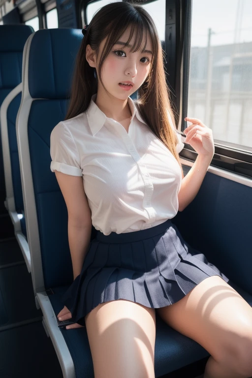 top-quality,ultra-detailliert,​masterpiece,realisitic,Photo Real,Bright lighting,1 girl in, Beautie, Very beautiful 18 year old girl, (kawaii:1.2),Thin smile,）（Beautiful eyes）（long eyelashes）,(brown haired),(bangss),perfect glossy skin,flawless skin,((erotick,Sexy and sexually explicit)),((accurate hands without incongruity)),（ Beautiful breasts）,big breasts thin waist, Look at viewers,((a sailor suit)),((Short sleeve uniform white shirt front opening、off shoulders、)),(red necktie),(Blue Mini Pleated Skirt),(((skirt lift by yourself))),(lifted by self),(Showing panties),panties on,panties focus,((Sit up,spread legswide)), sockes, (Black knee socks),(Loafer shoes), during daytime,On the train,Receive a long horizontal seat with your back to the window）（Black High Heels、Pinhole Type）In the back is the street color hair of a skyscraper),(bangss),perfect glossy skin,flawless skin,((erotick,Sexy and sexually explicit)),((accurate hands without incongruity)),,(((skirt lift by yourself))),(lifted by self)((Sit up,spread legswide)), during daytime,On the train,There is a long horizontal Sheetle street with your back to the window、Seductive smile, glint, surrealism, Modern.（（No bra））、（open one's legs）（shapely breasts,)、((sexypose)))、(camel's toe), tongue、Vaginal orchids、Runny Vaginal Discharge、Blowing tide、Very beautiful breasts、Grasp your breasts with both hands、 Spread your legs、sexual excitement、Sex Expressions、shinny skin。realisitic、Photorealsitic:1.37)、(Kpop Idol)、Medium Hair、(Pink blush)、(illuminating)、[[Open legs、Spread your legs apart]]、(独奏)、dynamicposes、((erectile nipple))、(Puffy eyes:1.２)、 (Slim legs)、erotick、nffsw、Highly detailed ambient occlusion、超A high resolution, A hyper-realistic, Highly detailed, (yawning), (( Exposed crotch, Exposed)）、（Eyes closed）