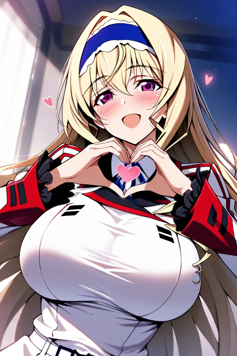 masterpiece, best quality, 1girl, solo, yakumo yukari, adult, white mob cap, blonde hair, (solid eyes), black eyes, ribbon, red bow, purple dress, cleavage, white elbow gloves, large breasts, looking at viewer, smile with teeth, open mouth, empty look, heart hands