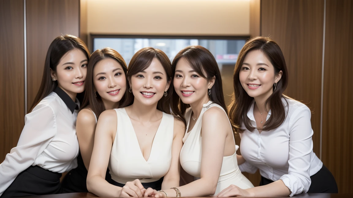 ((highest quality, 8K, Representative works in detail, ultra high resolution)), (Group photo),(looking at the viewer), (full shot:), 5 attractive business women in their 40s, 5 people, fascinating look, colorful sexy lingerie, (sitting at the office desk)), smile, CEO's Office,Beautiful eyes with high bilateral symmetry, (highly detailed eyes:1.4), (high resolution blue eyes:1.1), intimate face, (Super detailed skin texture:1.4), white skin, white skin, perfect anatomy