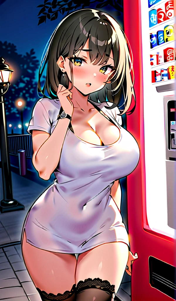 {Highest quality}, {so beautiful}, {Very detailed}, {Best illustrations}, Browsing Caution, Realistic, masterpiece, Highest quality, (Beautiful Eyes), 1 high school girl, Huge breasts, Sweat, night, Outdoor, Vibrant restaurant, Micro Bikini, ひものみのMicro Bikini, Grin, Wet Face, Wet body, Long Hair, Earrings,  White apron with a 15cm rise,  Puff short sleeves,  Small tray,  Central opening, 、Camel Toe, Great tit, Nipple puffs, Cleavage, 