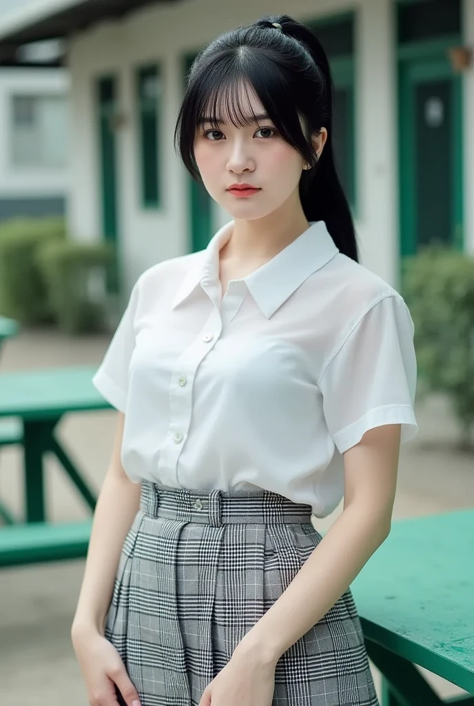 Korean 、summer  shirt、Tight shirt、Ribbon Ties、skirt by the、schools、stairs at school、chest lifting pose、Emphasis on the chest、Slender and large、8K raw photos、A high resolution、18-year-old Korean、embarrassing looking、very large round breasts、Beautiful eyes finely detailed、long eyelasher、beautiful double eyelid、eye shadows、eyeline、slender eyes、Elongated eye shape、Sanpaku eyes、beautiful and thin legs、Beautiful slender thighs、Random Shorthair、Tie your hair behind your head、耳Nipple Ring、Light brown hair、(Wear pantyhose)、Hold your knees，short hair,  fishnet stocking 
