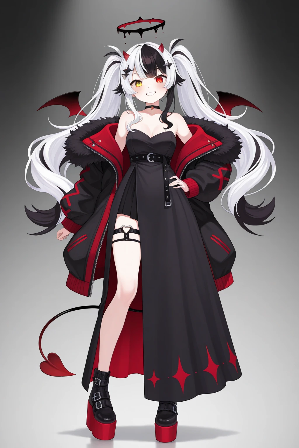 1girl, solo, red eyes, bat (animal), breasts, vampire, cape, dress, grey background, feather trim, fingernails, black dress, cleavage, simple background, full body, hair between eyes, floating, looking at viewer, long hair, closed mouth, black cape, standing, grey hair, blood, fur trim, long fingernails, white hair, smile, medium breasts, long sleeves, puffy sleeves, long dress, red cape