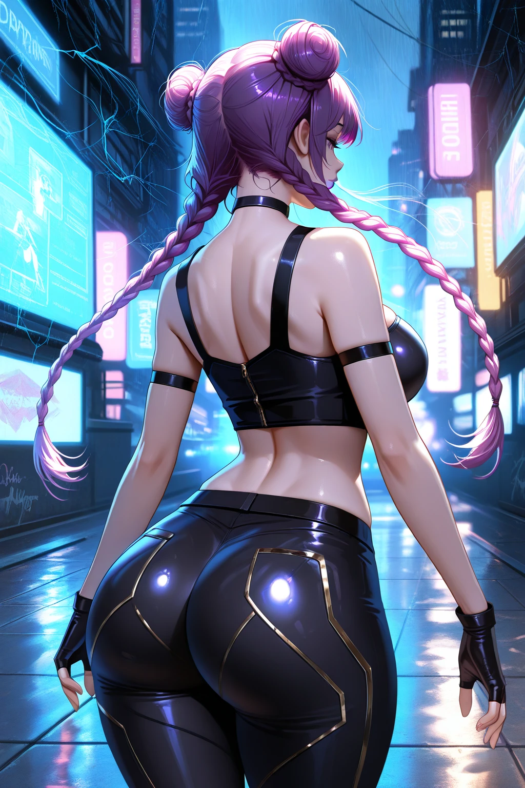 shot from behind, attractive and alluring female erotic dancer is peforming in stage, wearing loose silk clothes and leggins, provocative, night club, neon lights, hips, fit, sexy thighs, (insanely detailed, beautiful detailed face, masterpiece, best quality)