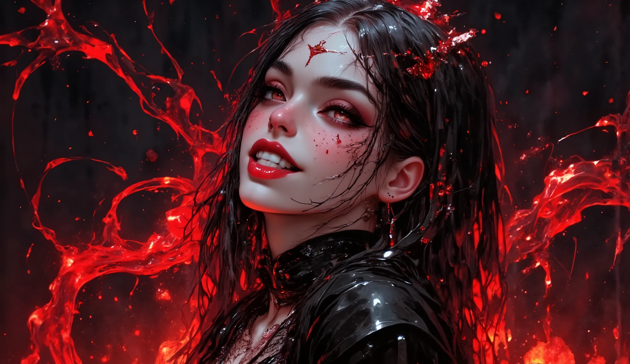 Créer une image d'une déesse fantastique parfaitement belle et époustouflante , visage époustouflant, magnifique, parfait et sexy, maquillage parfait, rouge à lèvres, sourcils arqués, longs cils luscious, eye-liner noir, cheveux longs et soyeux, dents de vampire, yeux fous, silhouette en sablier, seins naturels, montrant le décolleté, lingerie sale et sanglante, couvert de sang.Pleuvant du sang D'un ciel lacéré Saignant son horreur Créant ma structure Maintenant je régnerai dans le sang!,