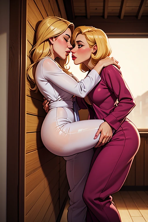 German blonde white woman with pale pink skin and freckles hugging a black teenager, Estilo Jabcomix, jab, corpo inteiro, mother and teenage son