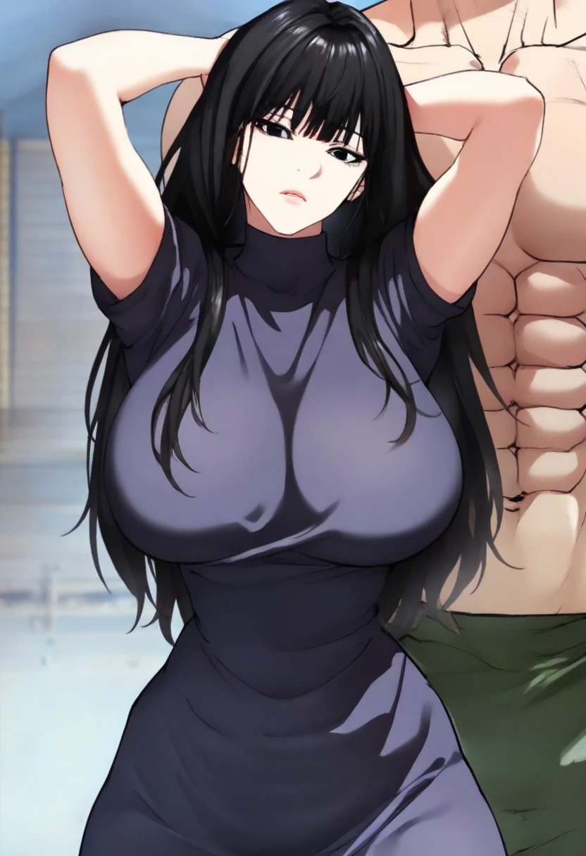 1 milf & 2 man, purple and slightly black hair, wearing a black tank top, cynical look, angry face, white background, erotic, full body, sex scene, butt, clothes off, doggy style sex
