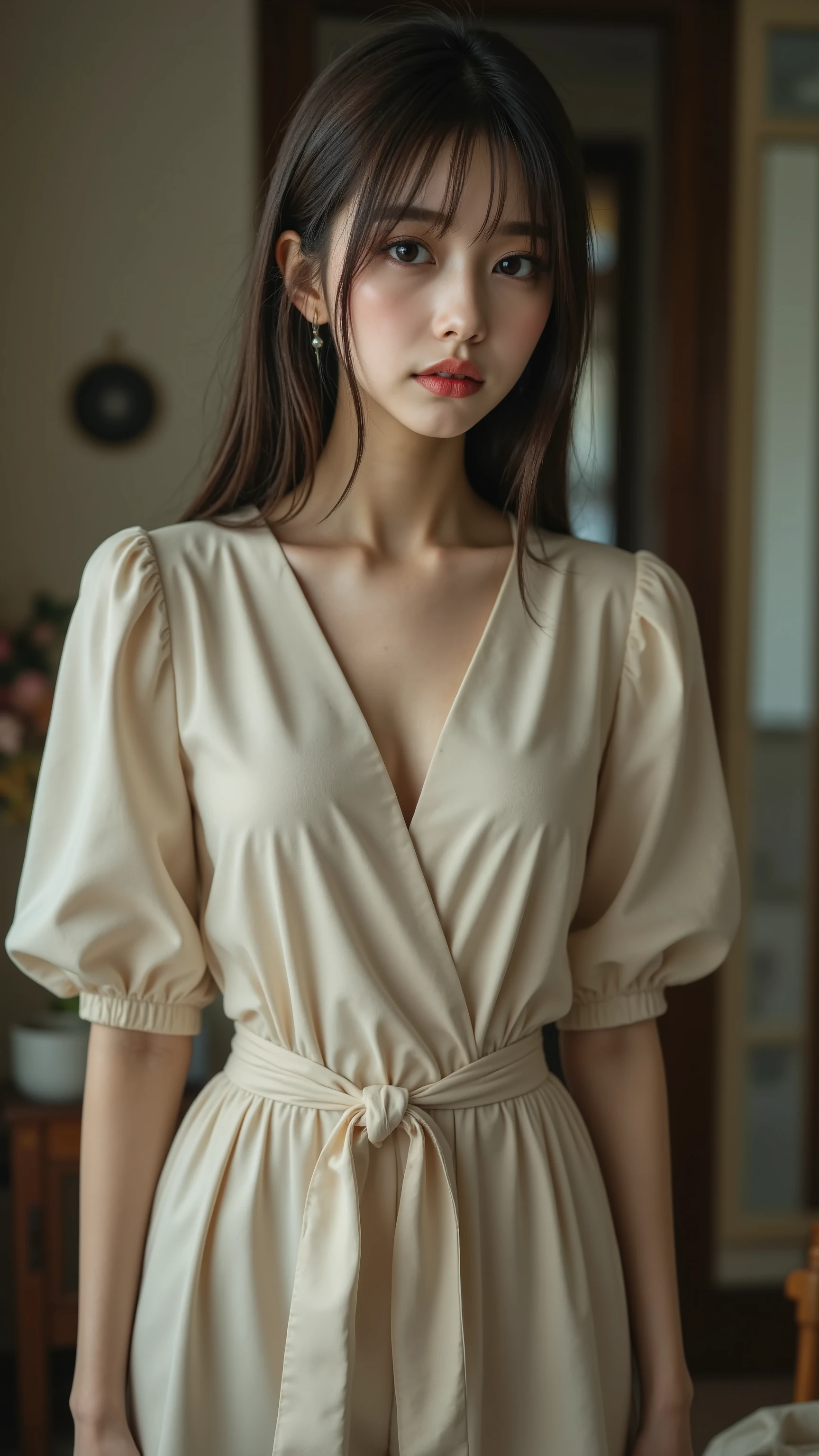 Young Woman Wearing a Cybersuit, Fluffy sleevesと深いV-neck. wide sash tightens the waist, Adding Clarity to Flowing Clothes. straight, (Babyface, Model face), Dark Brown Hair Transmits Neatly from Her Shoulders, Fluffy sleeves, V-neck, Slender Sash, glossy hair, mysterious expression, 8k realistic photo , Painting-like texture, beautiful natural light, Vivid Colors, Superb Details, Graceful Pose, delicate texture, (top quality, best quality, masterpiece), high res, HDR, UHD, Studio Lighting, Professional Photographed by Photographer