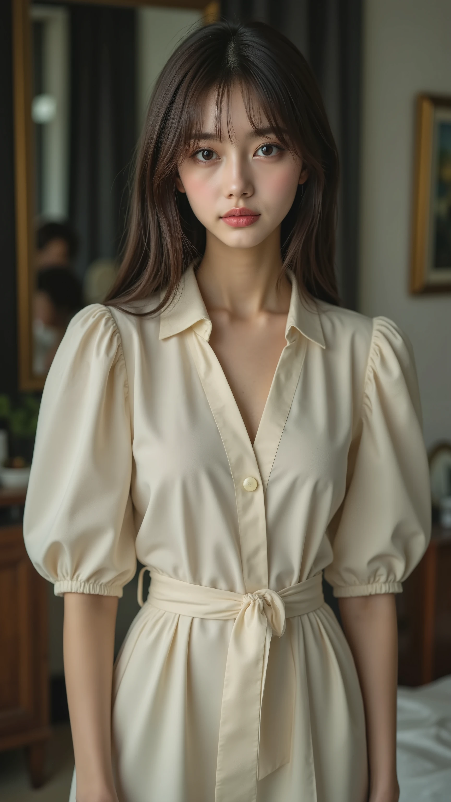 Young Woman Wearing a Cybersuit, Fluffy sleevesと深いV-neck. wide sash tightens the waist, Adding Clarity to Flowing Clothes. straight, (Babyface, Model face), Dark Brown Hair Transmits Neatly from Her Shoulders, Fluffy sleeves, V-neck, Slender Sash, glossy hair, mysterious expression, 8k realistic photo , Painting-like texture, beautiful natural light, Vivid Colors, Superb Details, Graceful Pose, delicate texture, (top quality, best quality, masterpiece), high res, HDR, UHD, Studio Lighting, Professional Photographed by Photographer