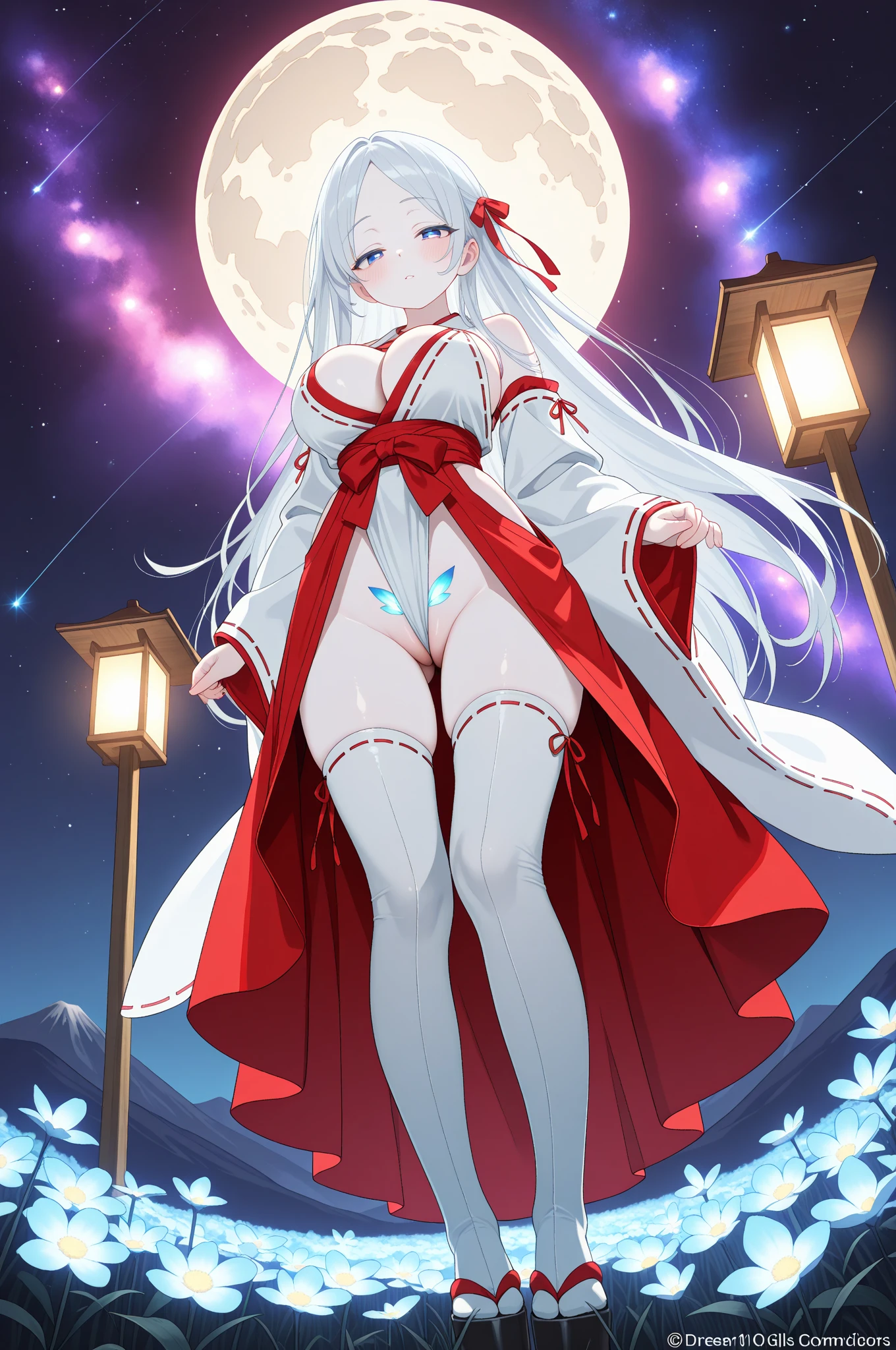 HDR、masterpiece、top-quality、ighly detailed、extreme detail description、proffesional、Ultra-fine painting、chitanda_eru、((small tits))、((silber hair))、(the Nine-Tailed Fox)、((Woman with silver fox ears))、((Woman with nine silver fox tails))、((silber hair))、((Long))、((One female sorceress illuminated by moonlight on a dark night))、combat pose、((One eye is indigo))、((One eye is crimson))、Miko clothes、long-sleeve、Hakama skirt、add_detail, pregnant