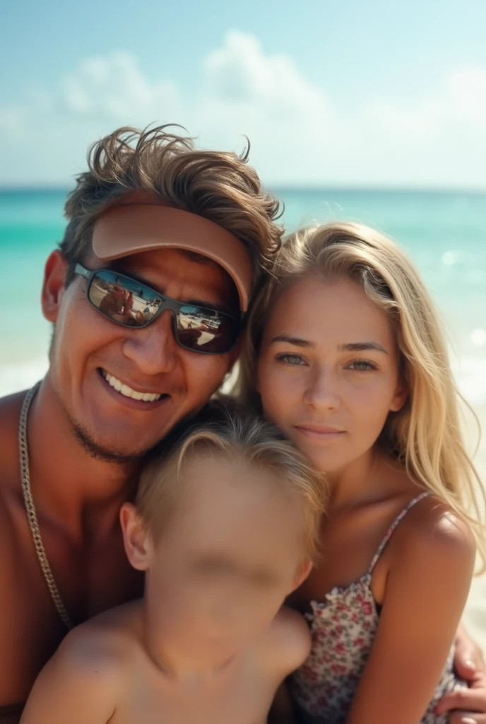 Masterpiece, ultra detailed, beautiful, super saturation, family:1.5,father:1.7,1 male, father's day, family party, Mediterranean,Mediterranean vacation, vacation, family love, happy family, smile,, blond hair