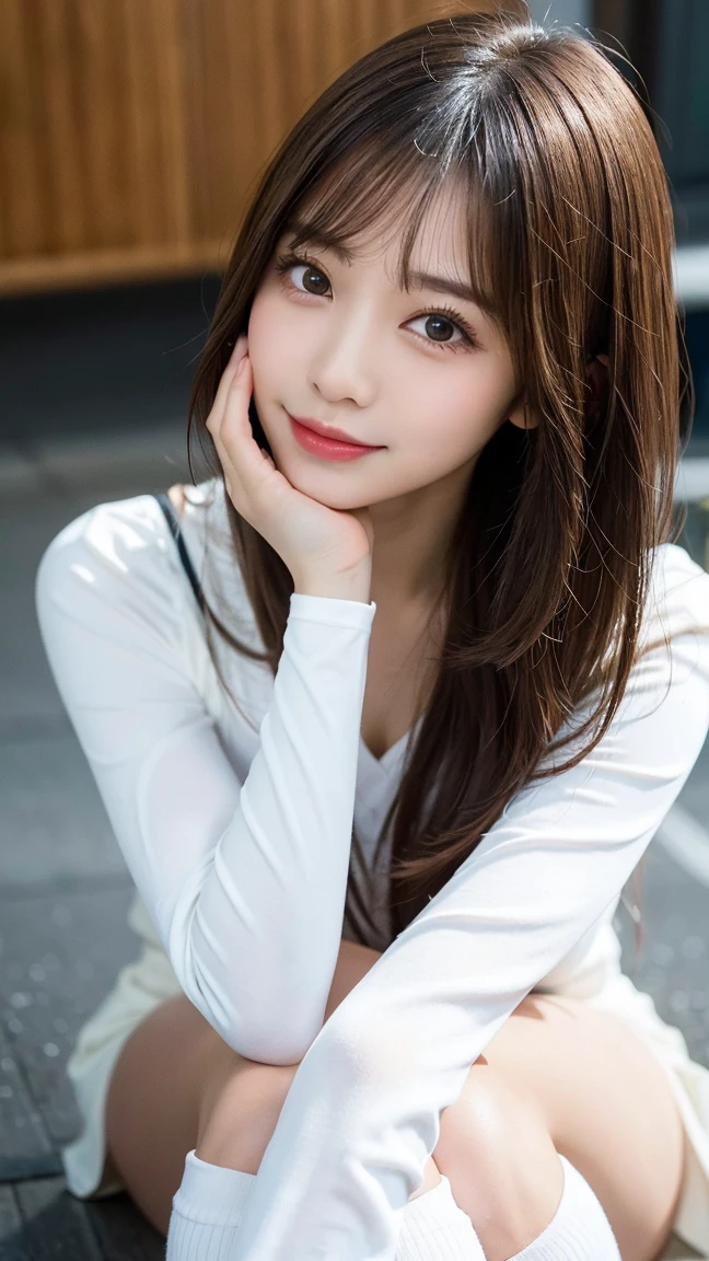 (Detailed skin:1.2),(Shiny skin:1.1),8K,Highest quality, masterpiece, Ultra-high resolution,(Realistic:1.4), RAW Photos,(Soft saturation:1.3),(Fair skin:1.2),Japanese Idols,repair,20 years, Light brown hair, (Long Hairstyles:1.2), Asymmetrical Hair, Asymmetrical bangs (Pretty face:1.4), (Large Breasts, Tight waist), Beautiful lighting, Small Head, (Student Uniform:1.2,),((White knee-high socks:1.2)),Highly detailed face, Highly detailed lips, fine grain, double eyelid,(Full Body Shot:1.2), Browsing Caution, (Sharp focus: 1.2), (Perfect Anatomy、Beautiful woman with perfect figure: 1.2)、Exposing cleavage、Model-like pose,Accentuate your leg lines、Smiling