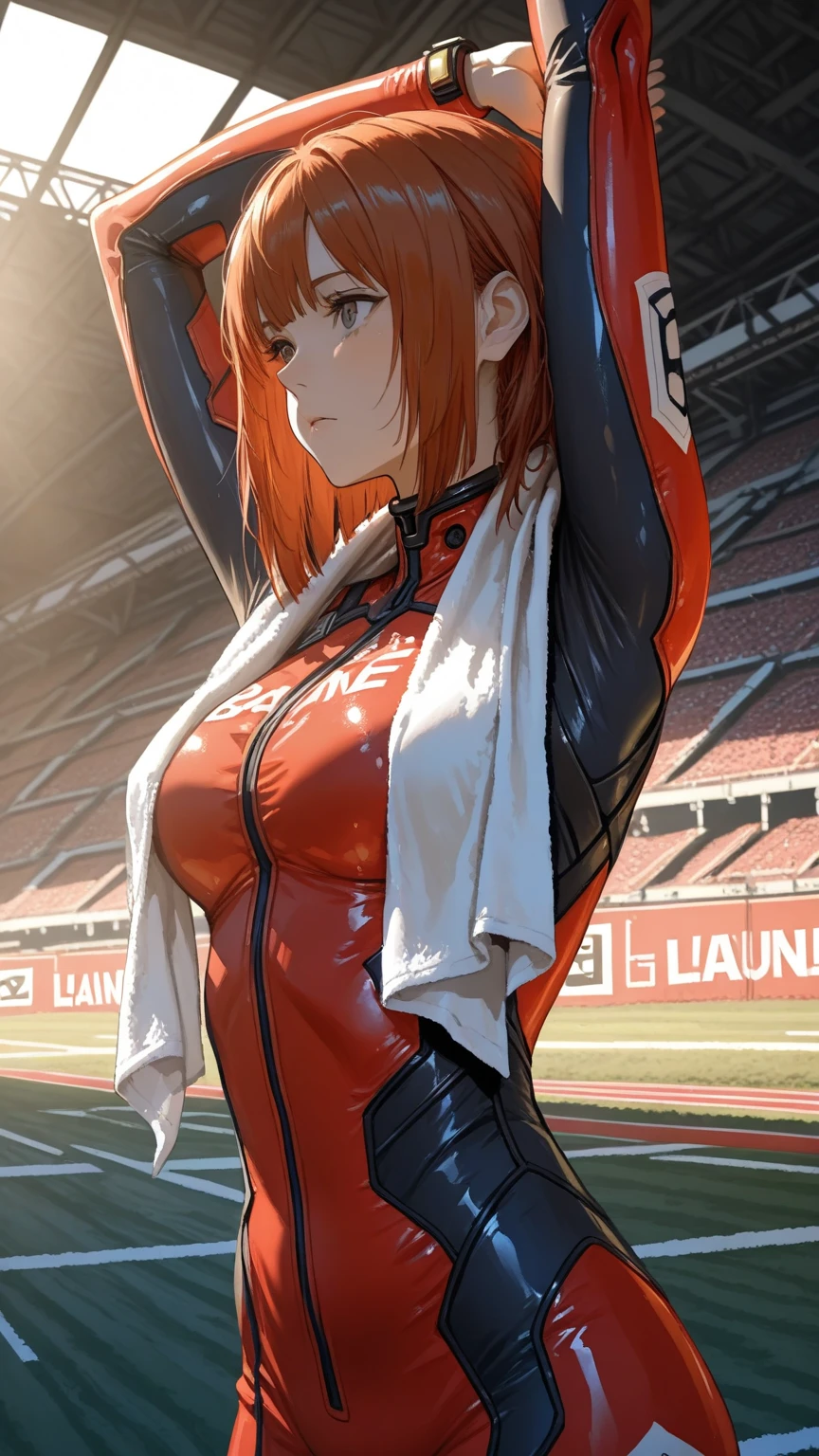 ((full bodyesbian):2) (({Only one woman}:1.2):{((Wearing a red Formula 1 jersey)1.2), ((Long red hair that falls to the shoulders, Bright green eyes) 1.3), ((Do erotic poses in clothes that are open to them, looking at viewert, ssmile):1.3), ((ultra huge breasts):1.2)}, \n (({The arena of Formula 1 racing, is night, very heavy rain, several people are in the stands}):1.3), anime big breast, Anime style, 16k, ((Best quality, high detal):1.4), tmasterpiece, hyper HD