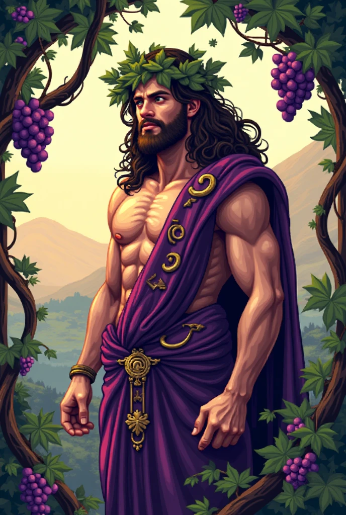 Dionysus carrying a huge staff topped with a huge pine cone wrapped in grape vines